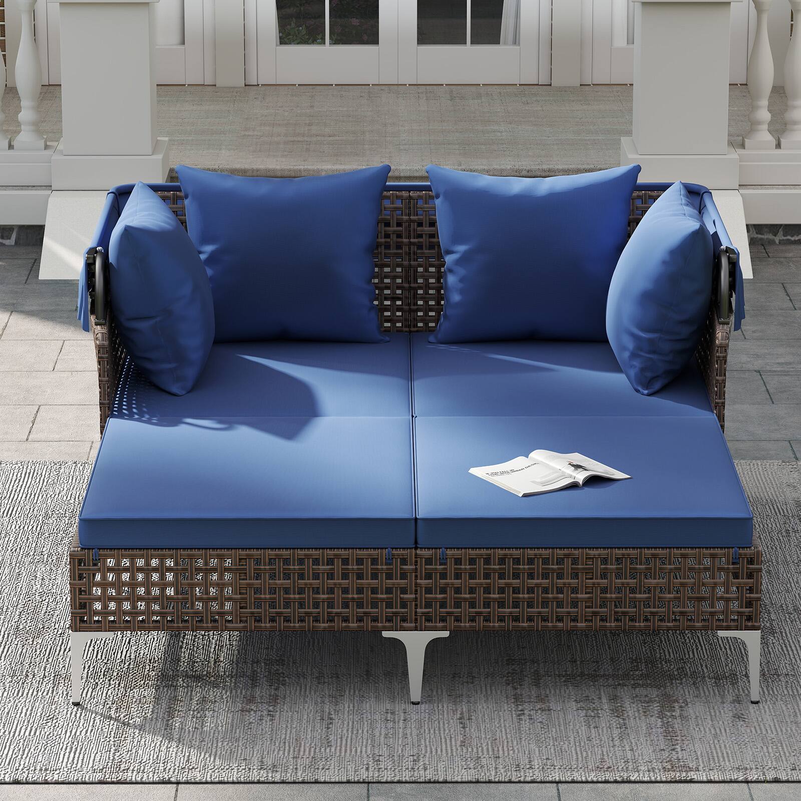 Alt View 4. Gymax - Gymax Outdoor Daybed w/ Retractable Canopy PE Wicker Rattan Patio Double Chaise Lounger Navy - Blue.