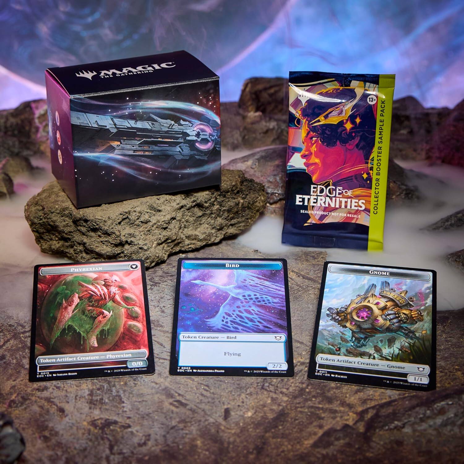 MAGIC The Gathering  
EDGE OF ETERNITIES  
BOOSTER SAMPLE PACK  
13 PACK  
COLLECTOR EDITION  
SEALED PRODUCT NOT FOR RESALE  

PHYREXIAN  
Token Artifact Creature - Phyrexian  
0/0  

BIRD  
Token Creature - Bird  
Flying  
2/2  

GNOME  
Token Artifact Creature - Gnome  
1/1