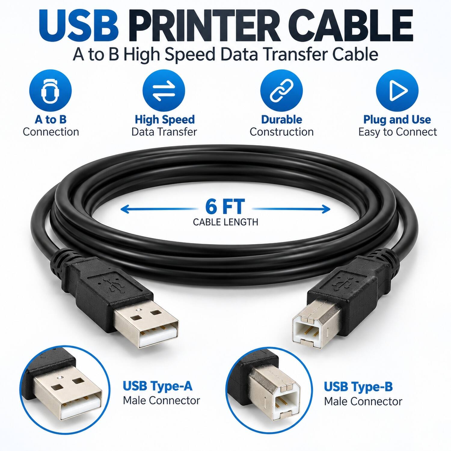 Sanoxy USB Printer Cable 6FT A to B High Speed Data Transfer Cable ...
