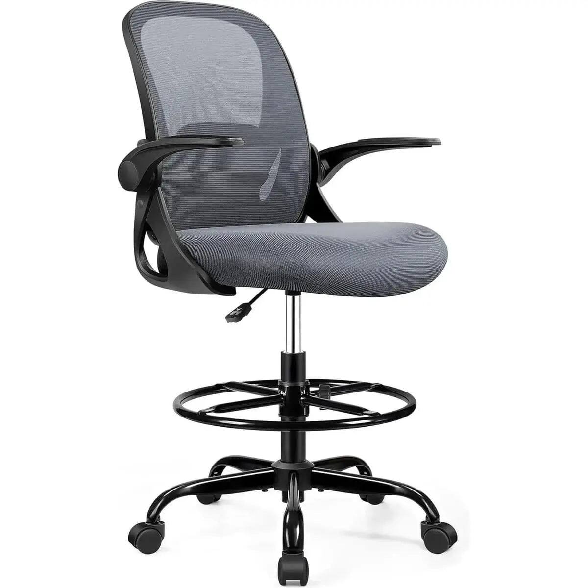 Angle. ADS - Primy Ergonomic Drafting Chair for Standing Desks & Bar Counters - Adjustable Height, Flip-Up Arms for All-Day Comfort - White.