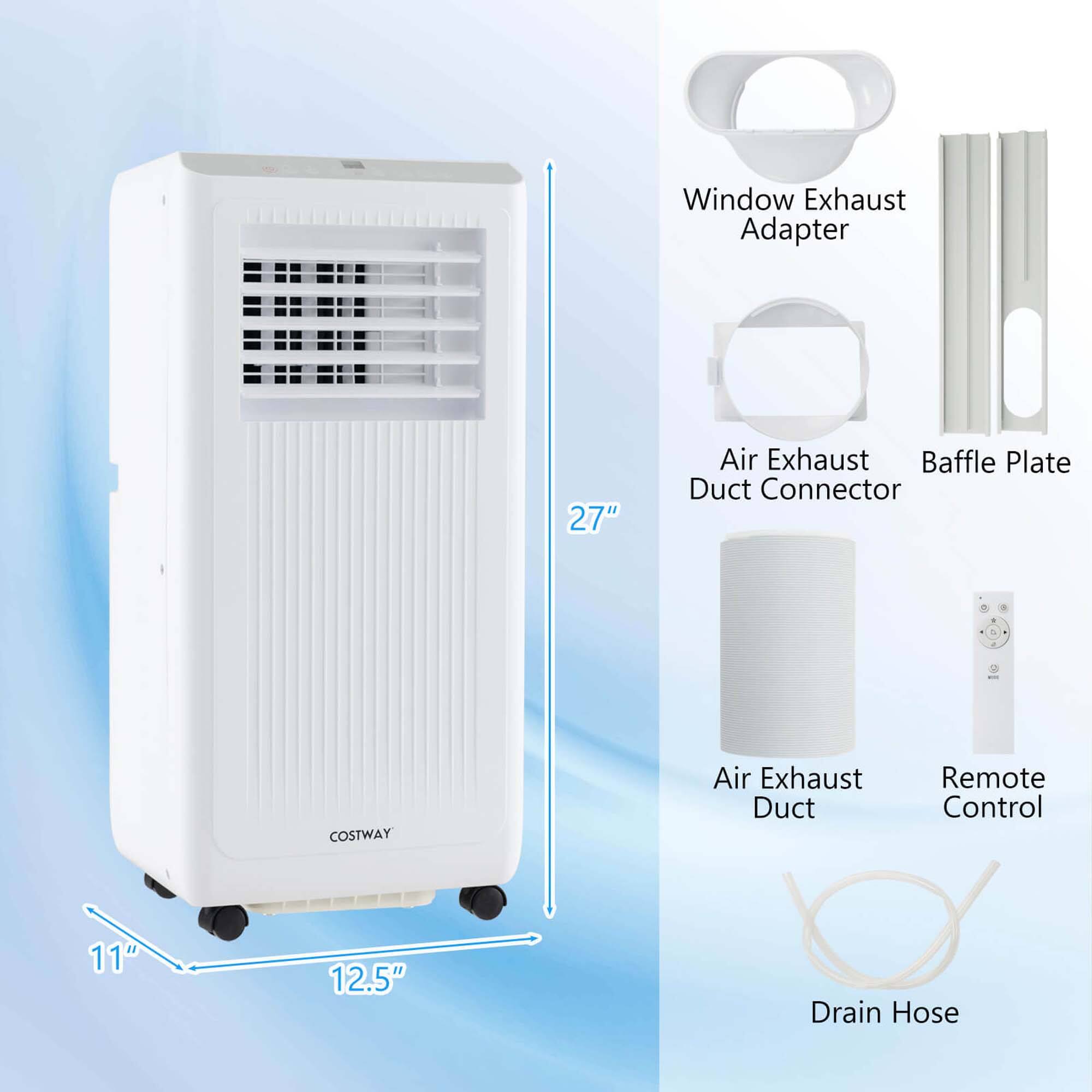 The image features a white air exhaust fan with various parts and accessories. These include a window exhaust adapter, a 27" air exhaust baffle plate, a duct connector, a remote control, and a 12.5" drain hose. The fan is designed to provide efficient ventilation and airflow in a room.