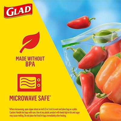 GLAD  
MADE WITHOUT BPA  

MICROWAVE SAFE*  

"When microwaving, open zipper about an inch (2 or 3 cm) to vent and place bag on a plate. Caution: Handle hot bags with care. Use of any plastic product with foods high in fat and sugar may cause melting. Do not place hot food in bags immediately after heating."