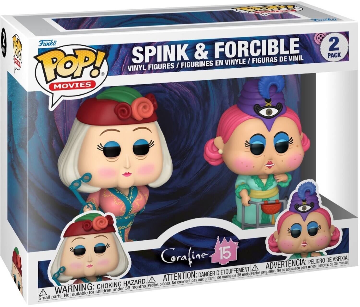 Sure, here is the corrected and grouped text from the image:

---

**Funko POP! MOVIES**

**SPINK & FORCIBLE**

**VINYL FIGURES / FIGURINES EN VINYLE / FIGURAS DE VINIL**

**2 PACK**

**Coraline 15**

**ADVERTENCIA: PELIGRO DE ASFIXIA. DANGER D'ÉTOUFFEMENT. ATTENTION: CHOKING HAZARD.**

**WARNING: CHOKING HAZARD. Small parts. Not suitable for children under 36 months.**

**ATTENTION: DANGER D'ÉTOUFFEMENT. Petites pièces. Ne convient pas aux enfants de moins de 36 mois.**

**ADVERTENCIA: PELIGRO DE ASFIXIA. Partes pequeñas. No es adecuado para niños menores de 36 meses.**

---

This text is grouped and corrected for clarity.