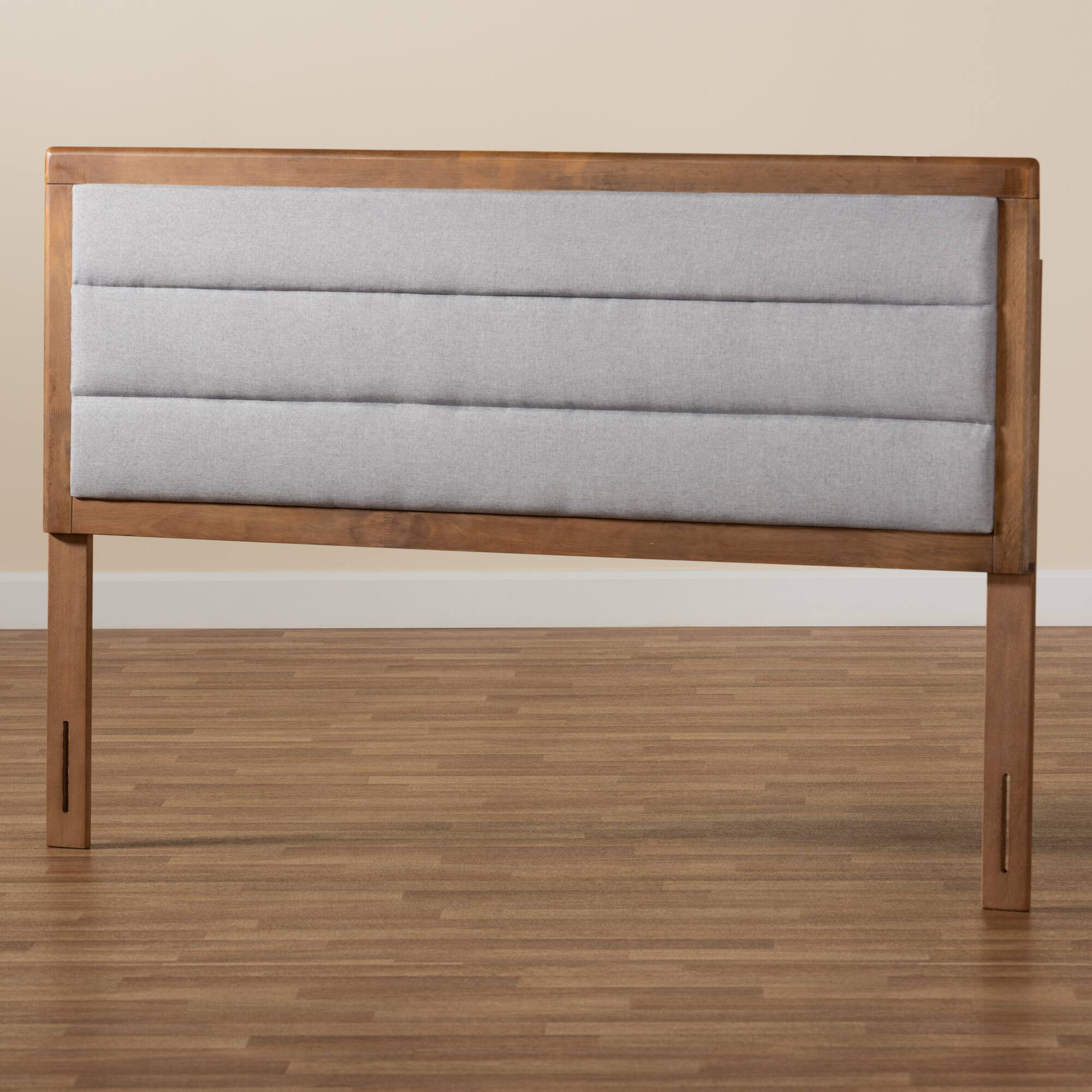 Alt View 1. Baxton Studio - Dexter Modern and Contemporary Fabric Upholstered and Finished Wood Queen Size Headboard - Light Grey/Walnut Brown.
