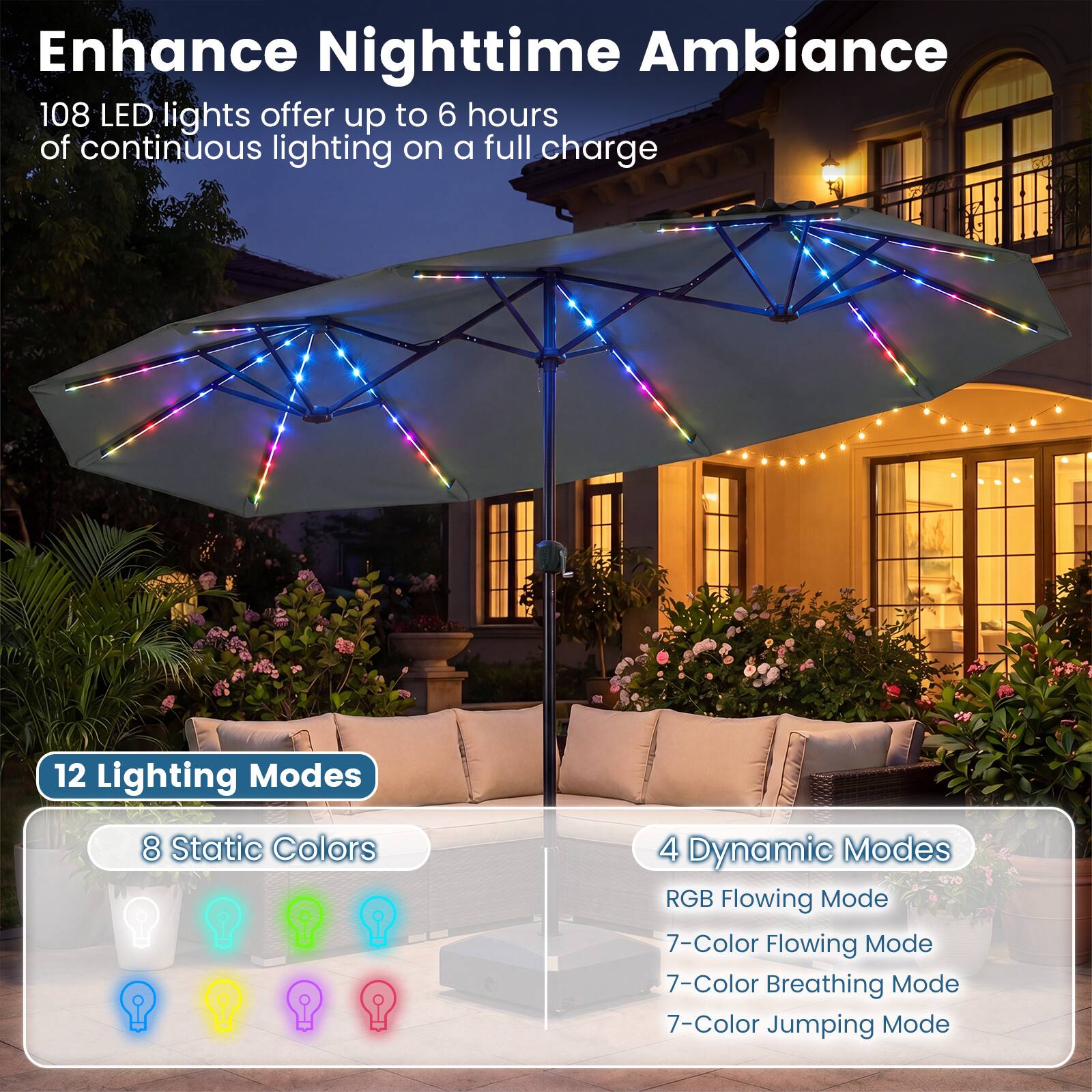 Enhance Nighttime Ambiance

108 LED lights offer up to 6 hours of continuous lighting on a full charge

12 Lighting Modes

8 Static Colors

4 Dynamic Modes

RGB Flowing Mode

7-Color Flowing Mode

7-Color Breathing Mode

7-Color Jumping Mode