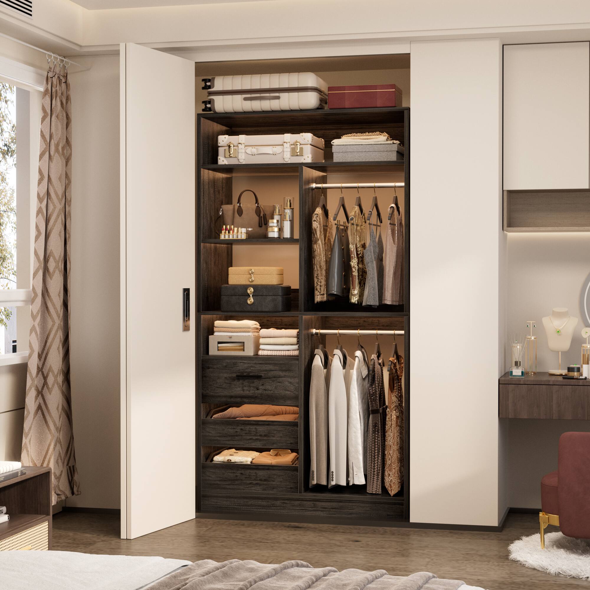 Angle. Aheaplus - 36" Wood Modular Walk-in Freestanding Closet Organizer: Closed/Half-Open Drawers, 6 Shelves (36" L x 15" W x 80" H) - Gray Oak.