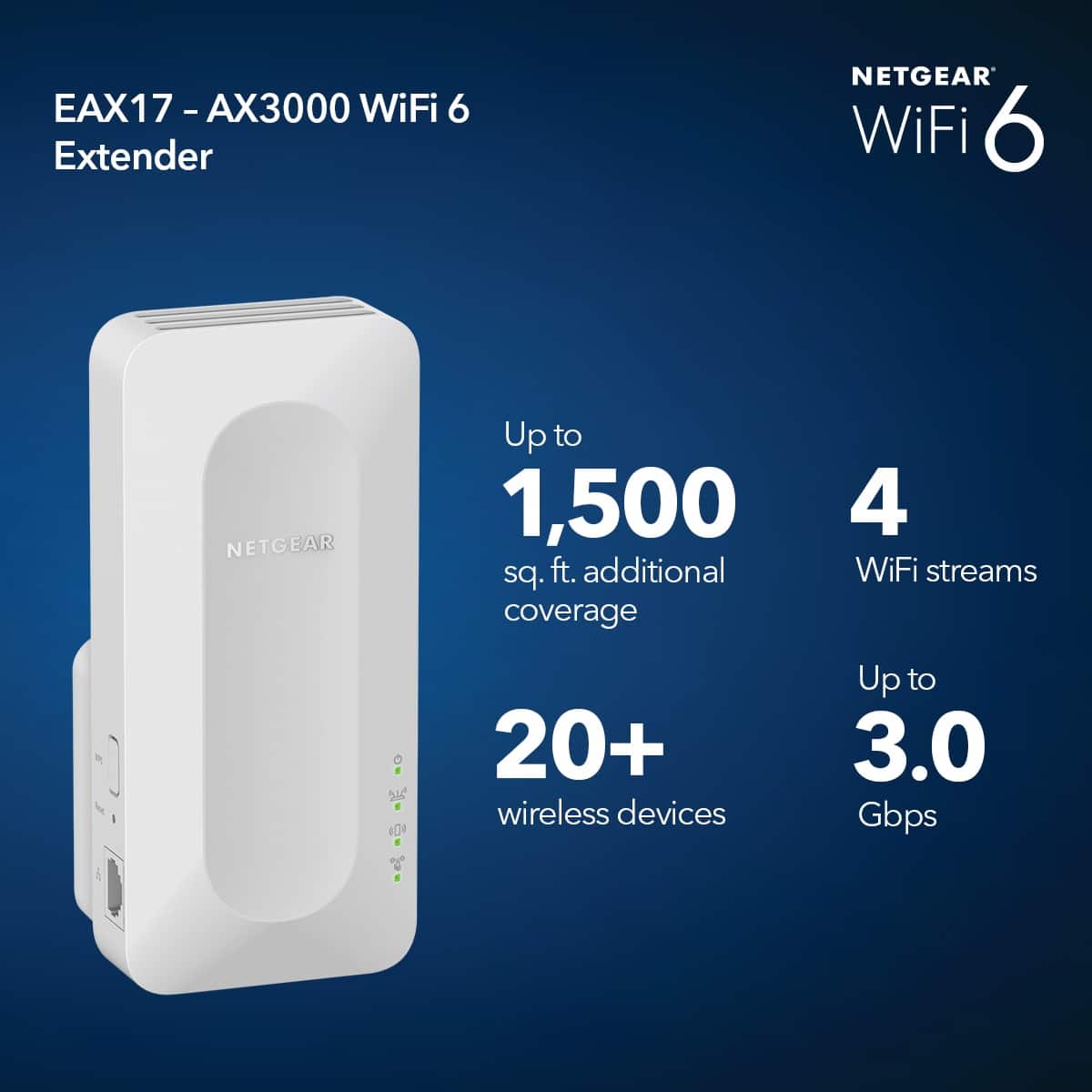 EAX17 - AX3000 WiFi 6 Extender
NETGEAR WiFi 6
- Up to 1,500 sq. ft. additional coverage
- 4 WiFi streams
- Up to 20+ wireless devices
- Up to 3.0 Gbps