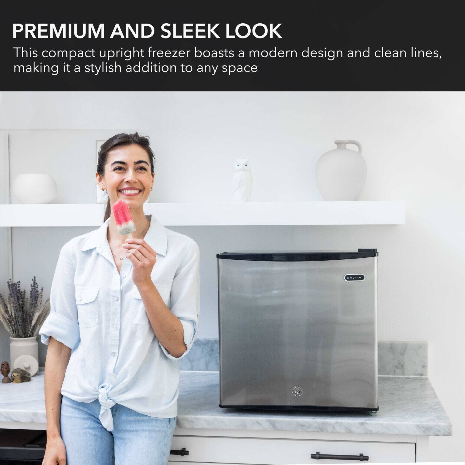 PREMIUM AND SLEEK LOOK

This compact upright freezer boasts a modern design and clean lines, making it a stylish addition to any space