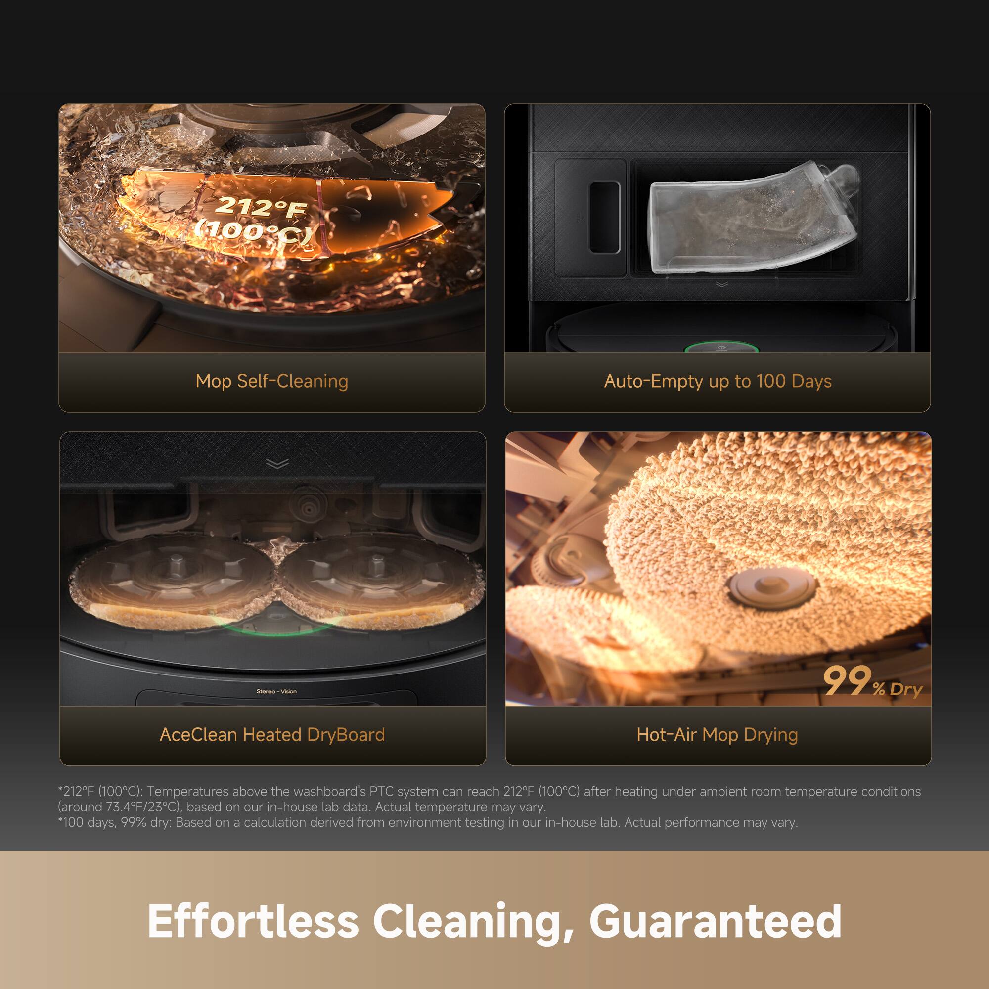 212F (7,00%) Mo Self-Cleaning Auto-Empty up to 100 Days - 99% Dry AceClean Heated DryBoard Hot-Air Mo Drying 212F (100C): Temperatures above the washboard's PTC system can reach 212F (100C) after heating under ambient room temperature conditions (around 73.4F/23C), based on our in-house lab data. Actual temperature may vary. 100 days, 99% dry: Based on a calculation derived from environment testing in our in-house lab. Actual performance may vary. Effortless Cleaning, Guaranteed

Effortless Cleaning, Guaranteed

- 212°F (100°C): Temperatures above the washboard's PTC system can reach 212°F (100°C) after heating under ambient room temperature conditions (around 73.4°F/23°C), based on our in-house lab data. Actual temperature may vary.
- 100 days, 99% dry: Based on a calculation derived from environment testing in our in-house lab. Actual performance may vary.