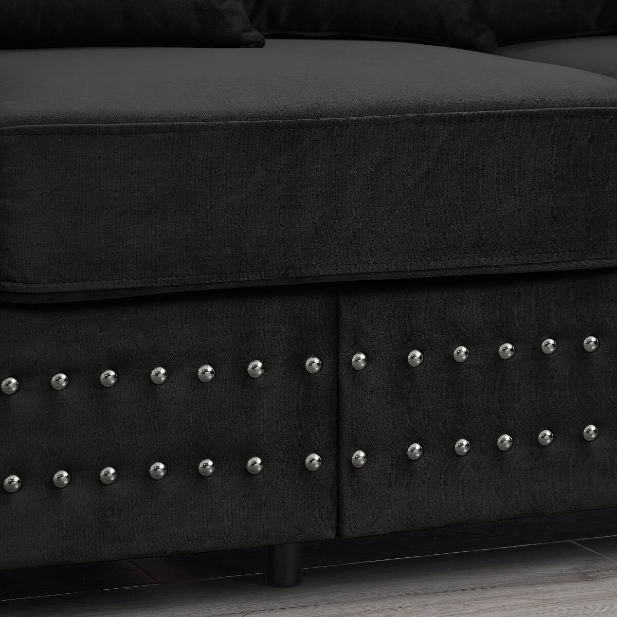 Alt View 3. Ropilly - Ropilly Black Velvet Loveseat with Silver Nail Trim, Modern Square Arm Upholstered Sofa with Storage - Black.
