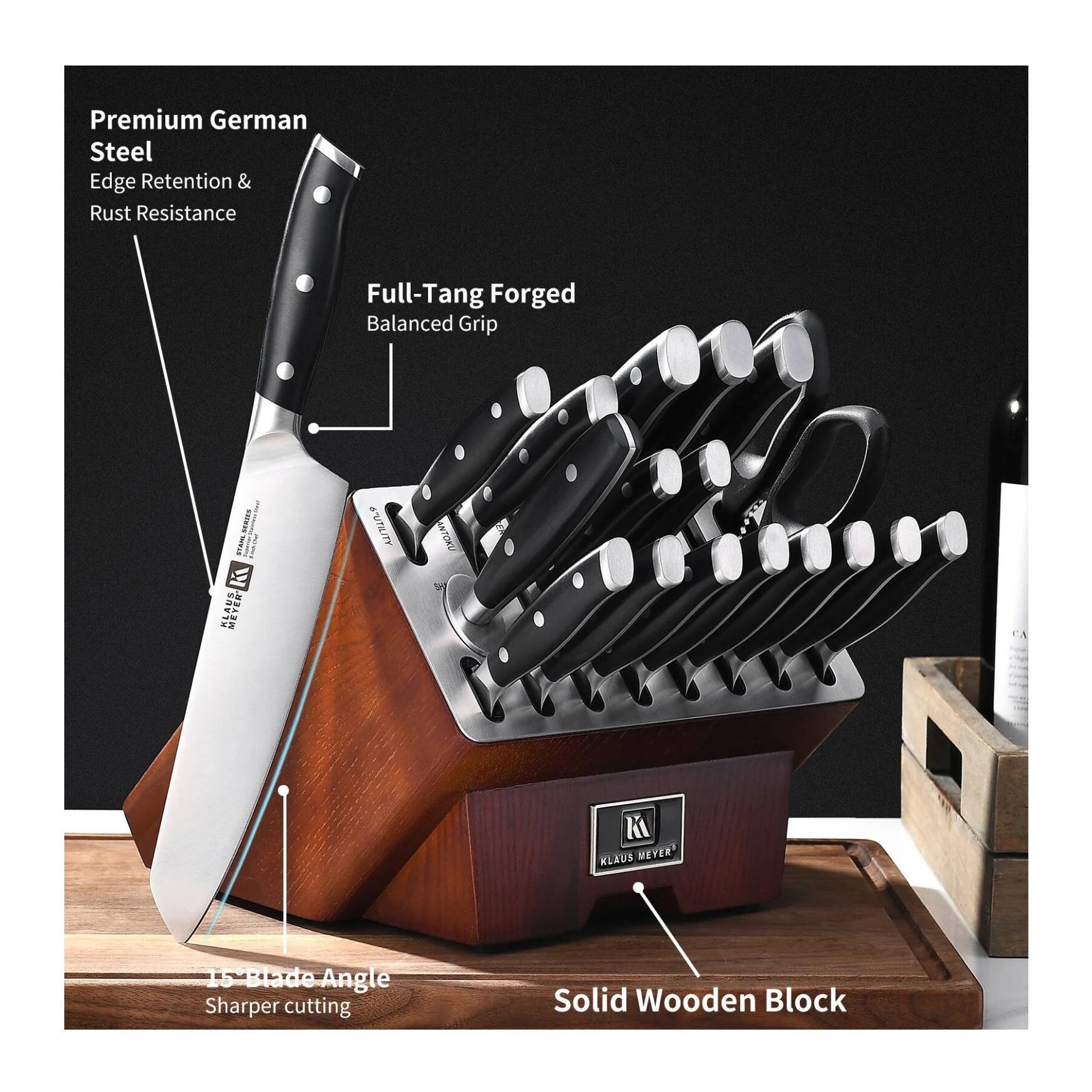 Premium German Steel  
Edge Retention & Rust Resistance  
Full-Tang Forged Balanced Grip  
STARL METER  
6" UTILITY  
ANTOKU  
KLAUS MEYER  
15° Blade Angle Sharper cutting  
Solid Wooden Block