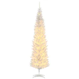 PULUZ - 7ft Pencil Christmas Tree, Slim Artificial Christmas Tree with Realistic Branches and Warm LED Lights - White