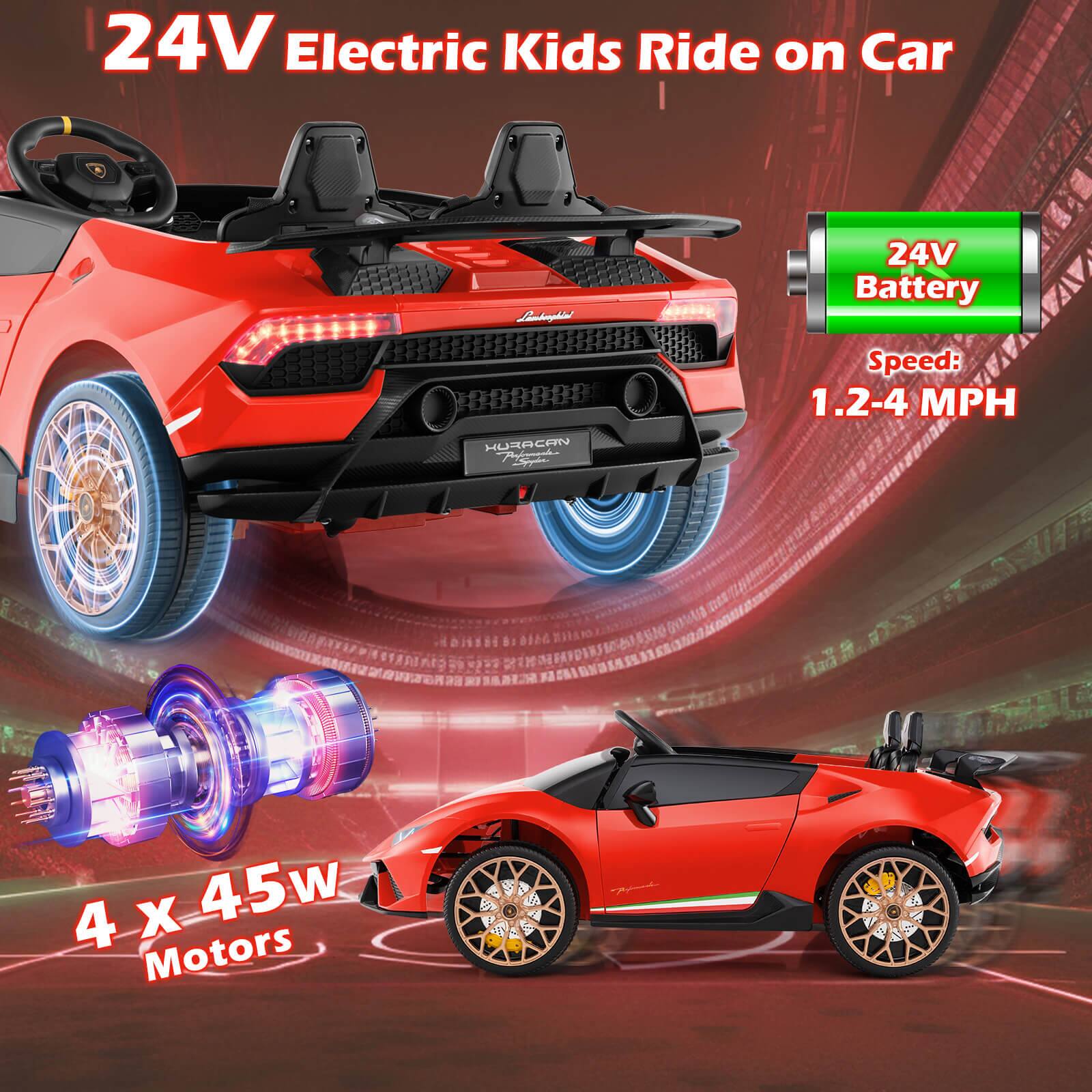 24V Electric Kids Ride on Car  
24V Battery  
Speed: 1.2-4 MPH  
4 x 45w Motors
