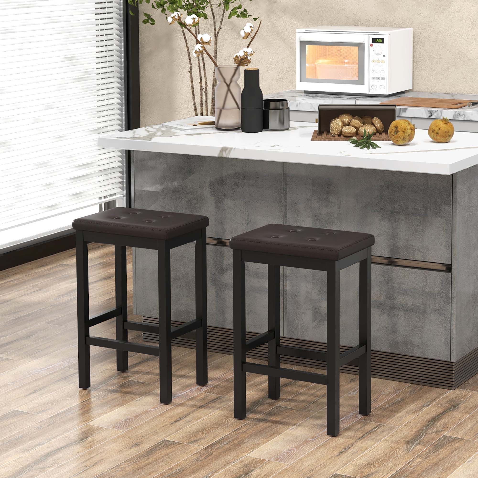 Alt View 1. Costway - Set of 2 Rubber Wood Bar Stools 24" Counter Height Stool with Padded Seat, Footrest - Brown & Black.