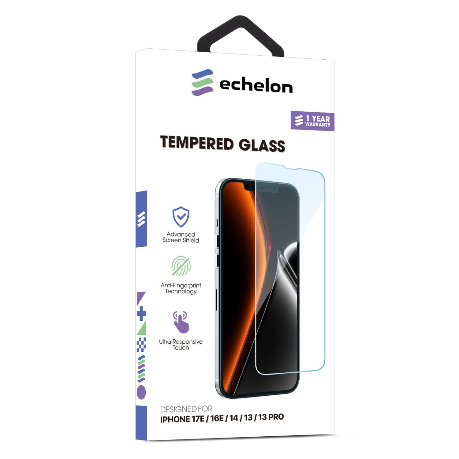 echelon 1 YEAR WARRANTY TEMPERED GLASS  
Advanced Screen Shield Anti-Fingerprint Technology + Ultra-Responsive Touch  
DESIGNED FOR IPHONE 17E 17E/16E/14/13/13 PRO