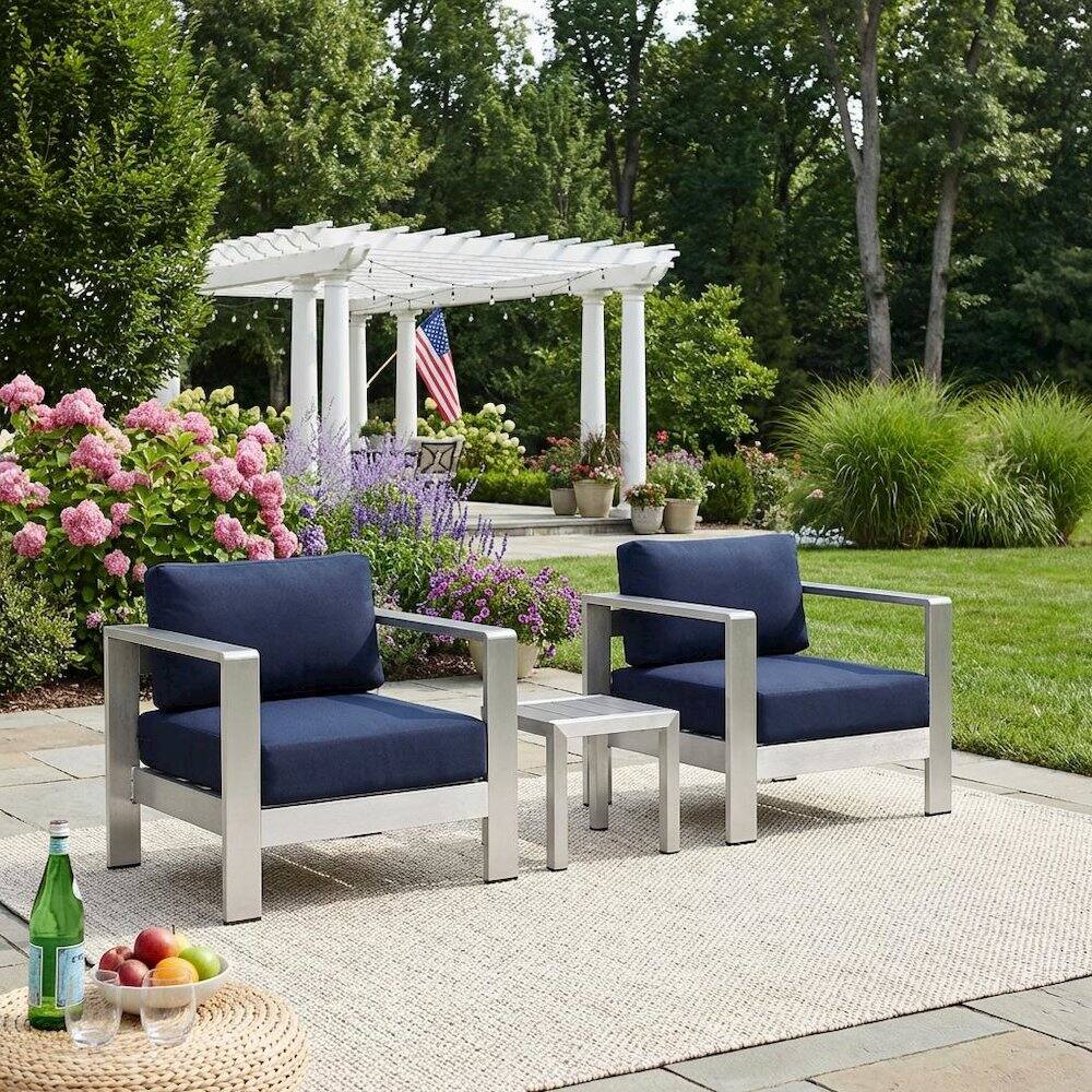 Left. Outdoor Escape - Outdoor Patio Aluminum Furniture Set - Comfortable Seat Cushions, Modern Design - Silver.