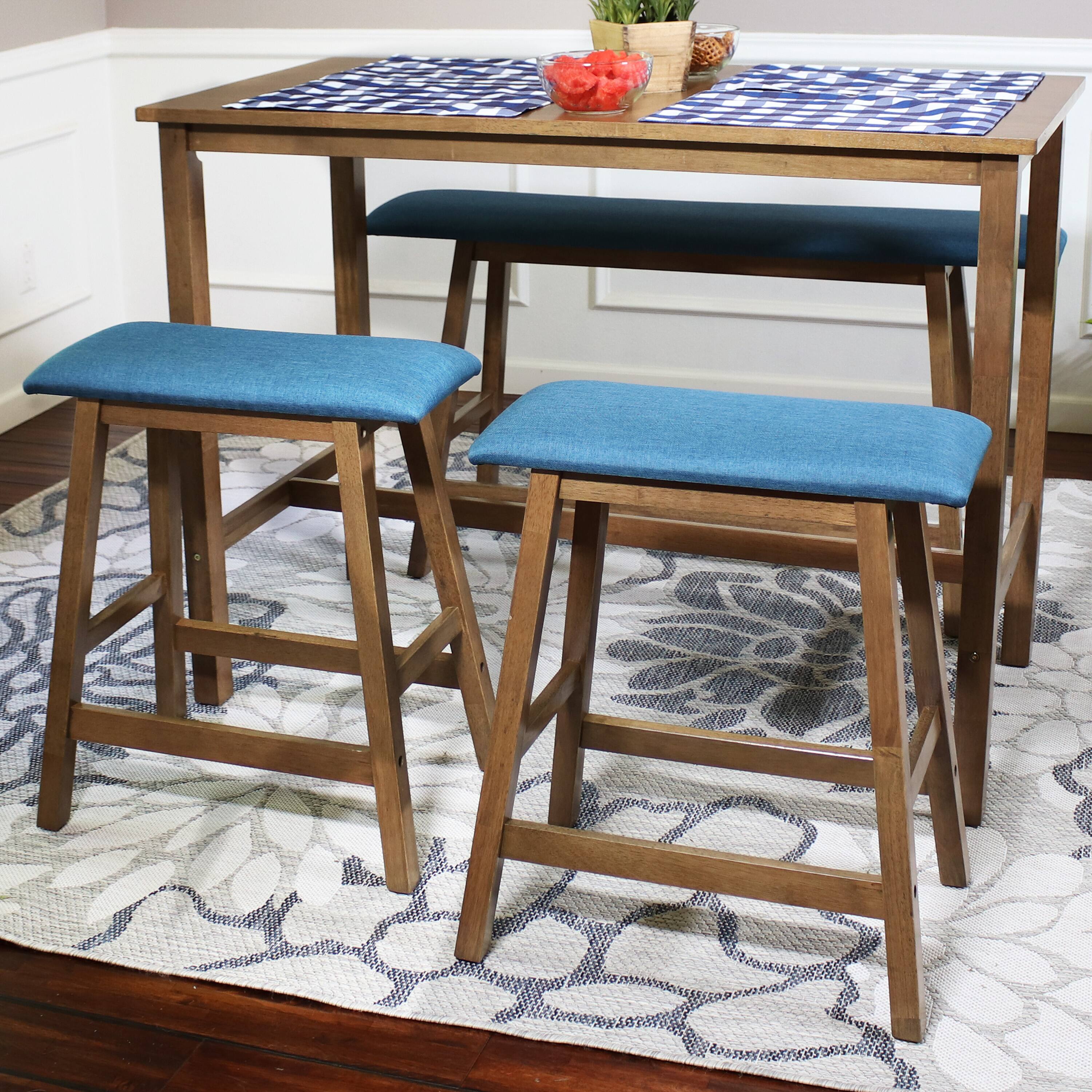 Alt View 3. Sunnydaze - Wood Counter-Height Stool with Cushion - Set of 2 - Weathered Oak with Blue Cushion.