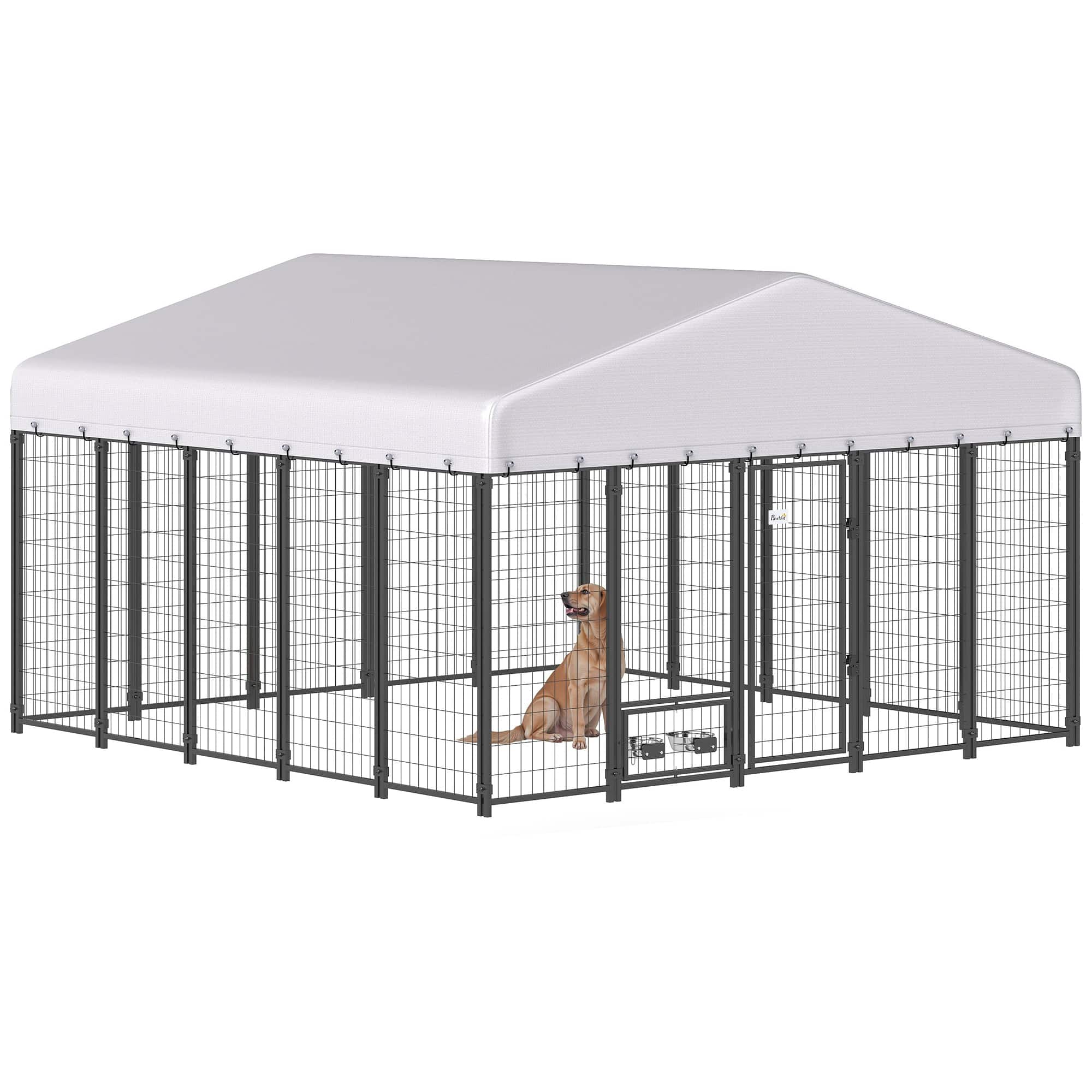 Pawhut - x 9.8' x 6' Outdoor Dog Kennel, Dog Kennel Outside Run with 360° Rotating Bowls - Silver