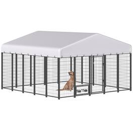 Pawhut - x 9.8' x 6' Outdoor Dog Kennel, Dog Kennel Outside Run with 360° Rotating Bowls - Silver