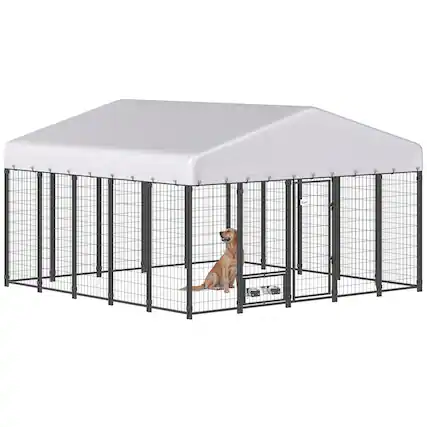 Front. Pawhut - x 9.8' x 6' Outdoor Dog Kennel, Dog Kennel Outside Run with 360° Rotating Bowls - Silver.