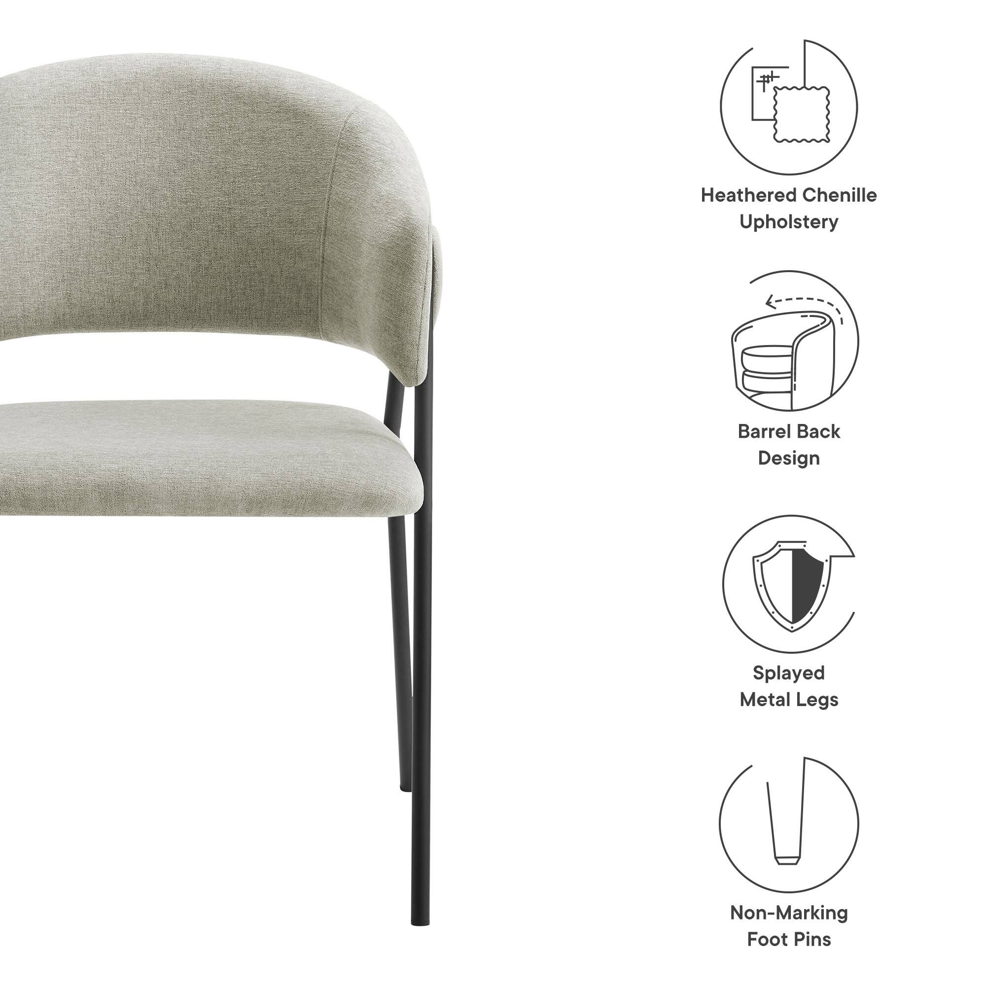 - Heathered Chenille Upholstery
- Barrel Back Design
- Splayed Metal Legs
- Non-Marking Foot Pins