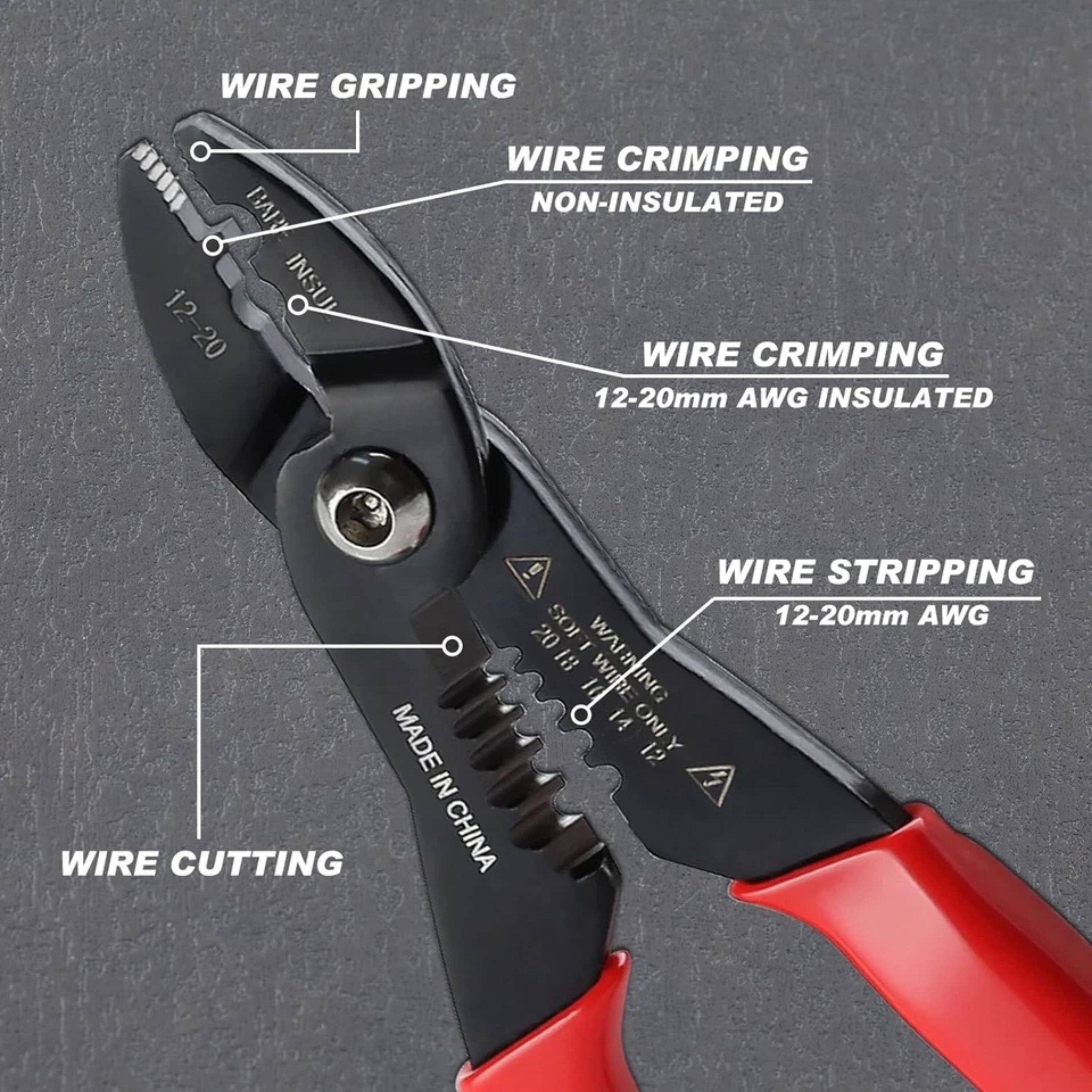 WIRE GRIPPING BAR 12 Q INSU 20 WIRE CRIMPING NON-INSULATED WIRE CRIMPING 12-20mm AWG INSULATED I- WIRE STRIPPING IOS 12-20mm AWG 20 - WAI I8 1 WARNING WIRE ING MADE 14 INO 12 Y IN WIRE CUTTING CHINA
