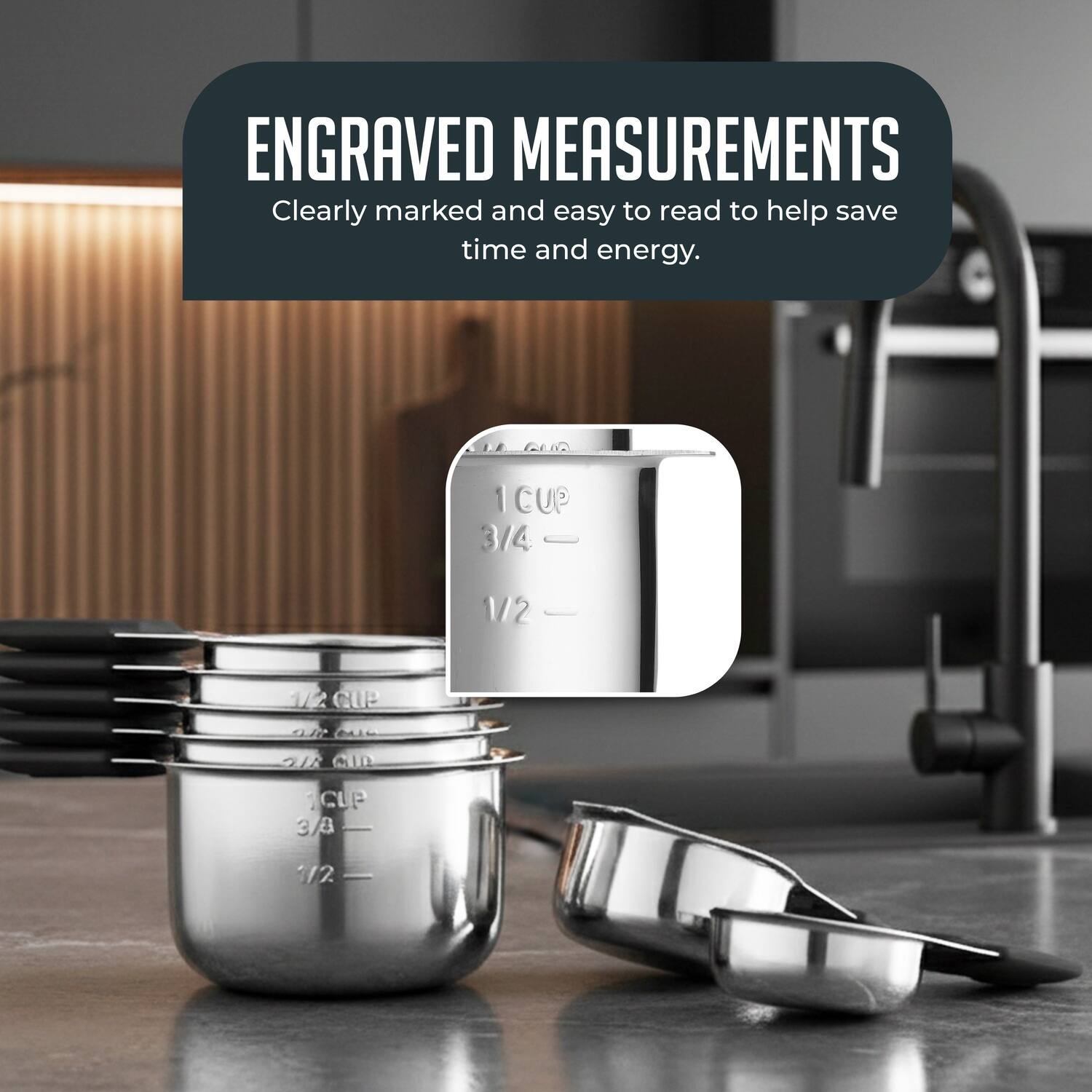 ENGRAVED MEASUREMENTS  
Clearly marked and easy to read to help save time and energy.  
1 CUP  
3/4  
1/2  
1/2 CUP  
3/8  
1/2