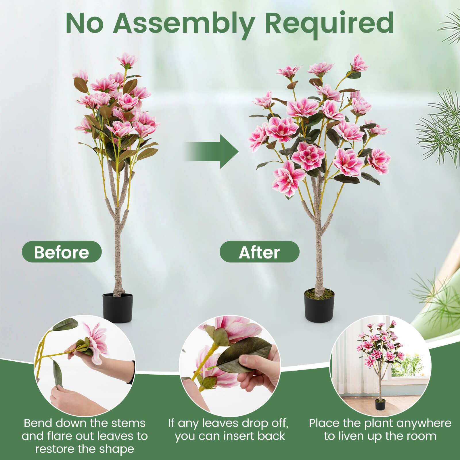 No Assembly Required

Before After

Bend down the stems and flare out leaves to restore the shape. If any leaves drop off, you can insert back. Place the plant anywhere to liven up the room.