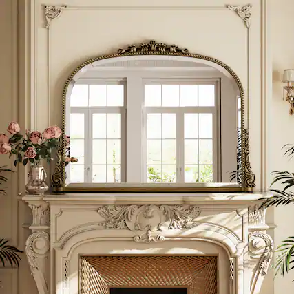 Front. Easly - Antique Bronze 27 in. W x 36 in. H Carved Arched PU Frame Vanity Wall Mirror - Antique Bronze.