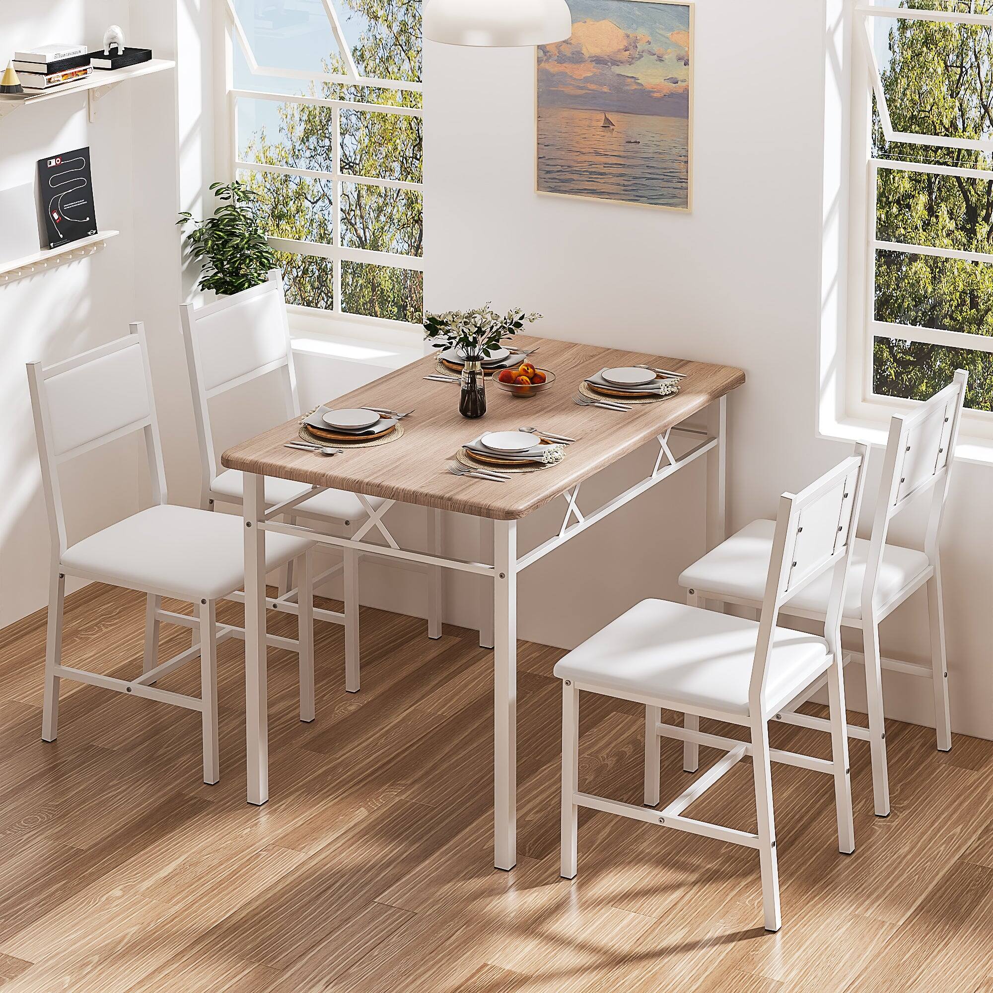 Alt View 4. Vecelo - 5-Piece Modern Dining Table Set with 4 Upholstered Chairs, Space-Saving Kitchen Table and Chairs Set for Small Spaces - Oak.