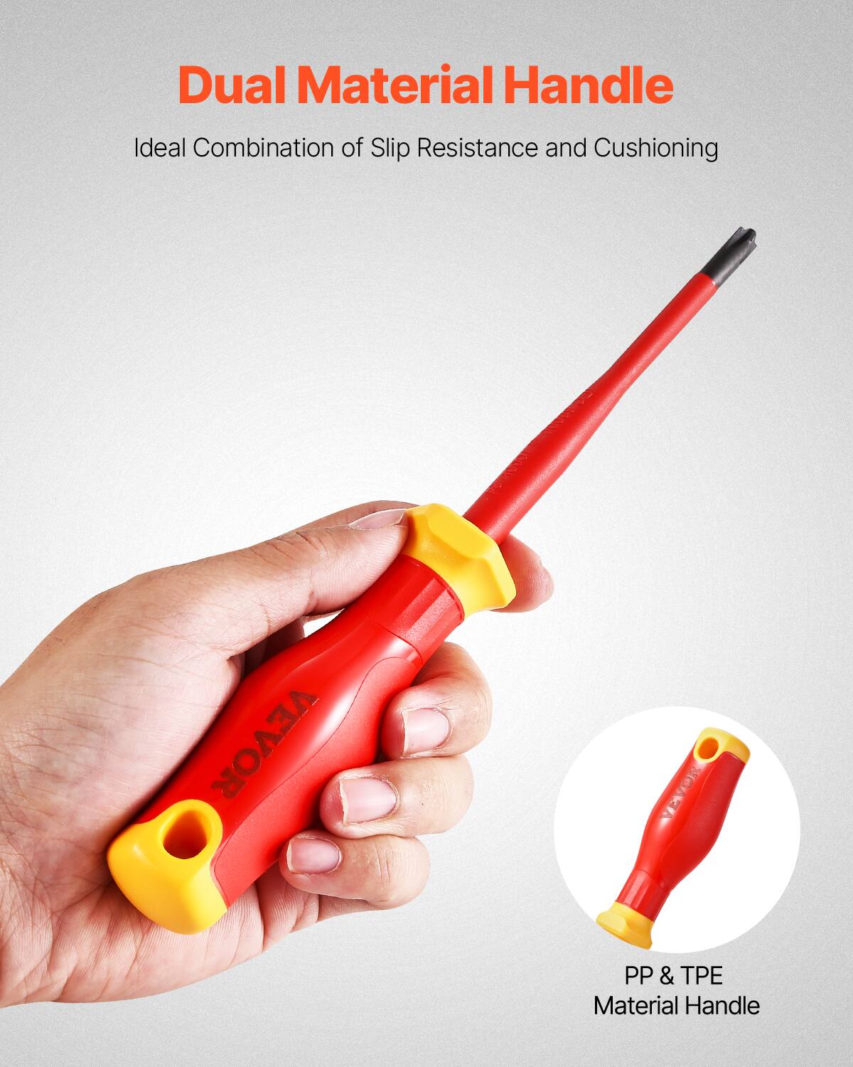 Dual Material Handle  
Ideal Combination of Slip Resistance and Cushioning  

VEVOR  
PP & TPE Material Handle