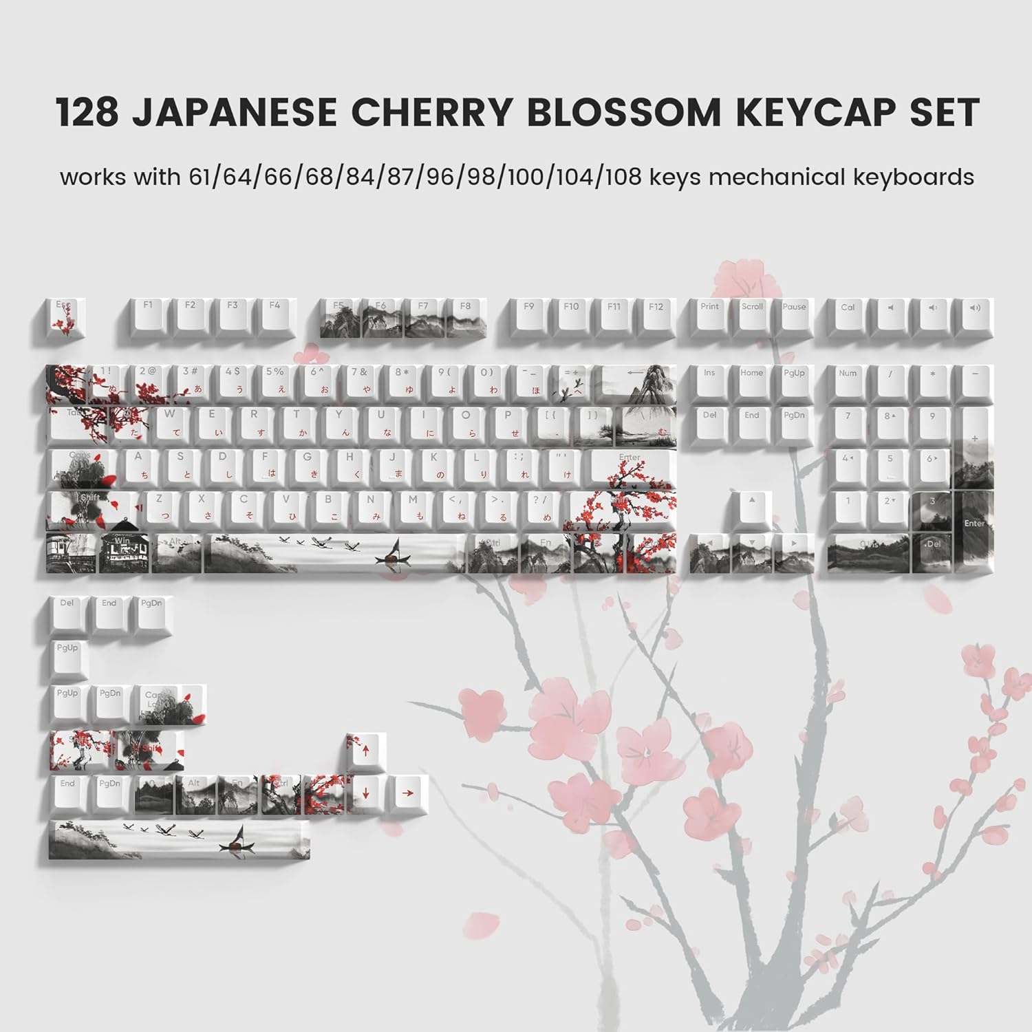 128 JAPANESE CHERRY BLOSSOM KEYCAP SET
works with 61/64/66/68/84/87/96/98/100/104/108 keys mechanical keyboards