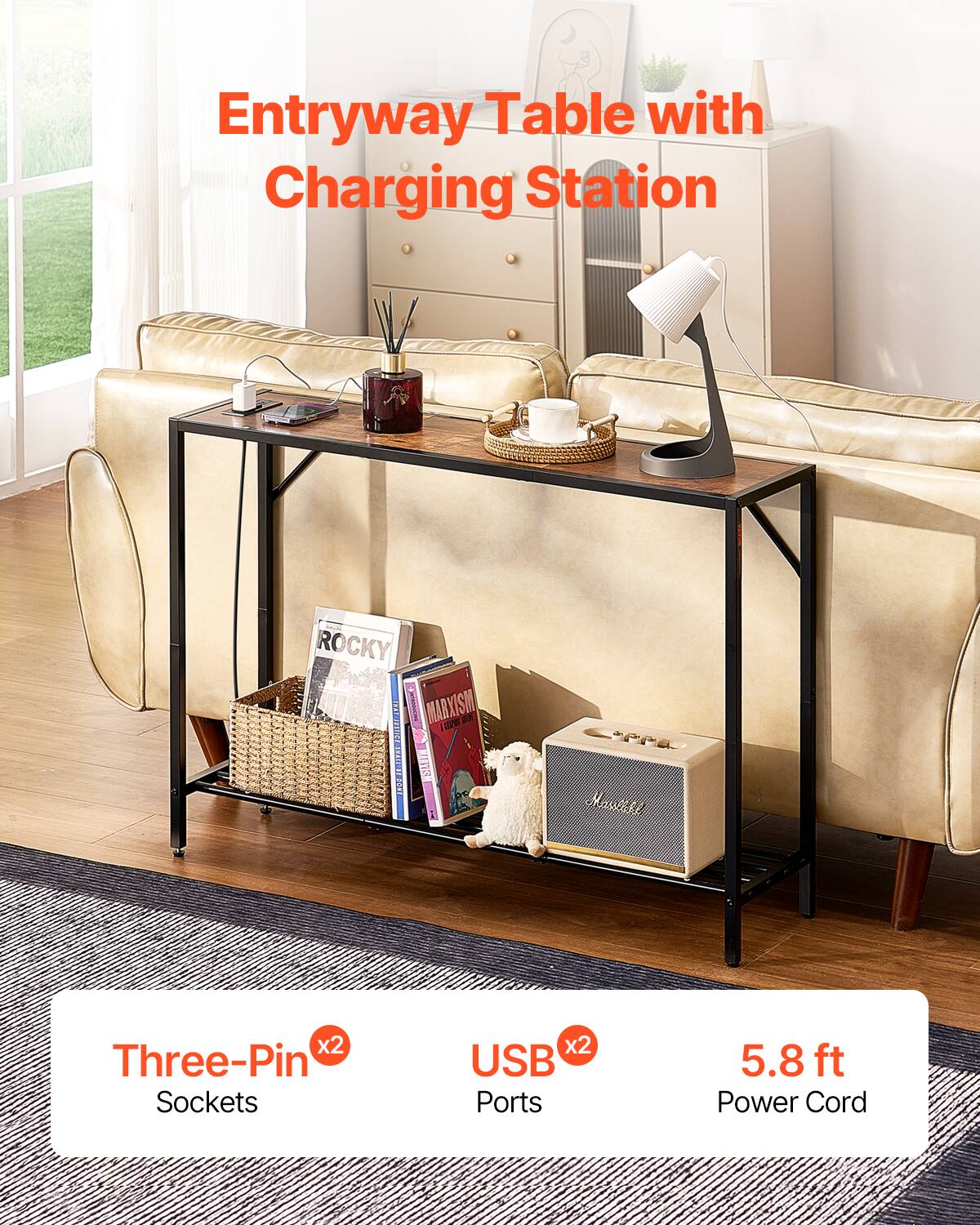 Entryway Table with Charging Station

ROCKY MARXISM

Three-Pin Sockets x2  
USB Ports x2  
5.8 ft Power Cord