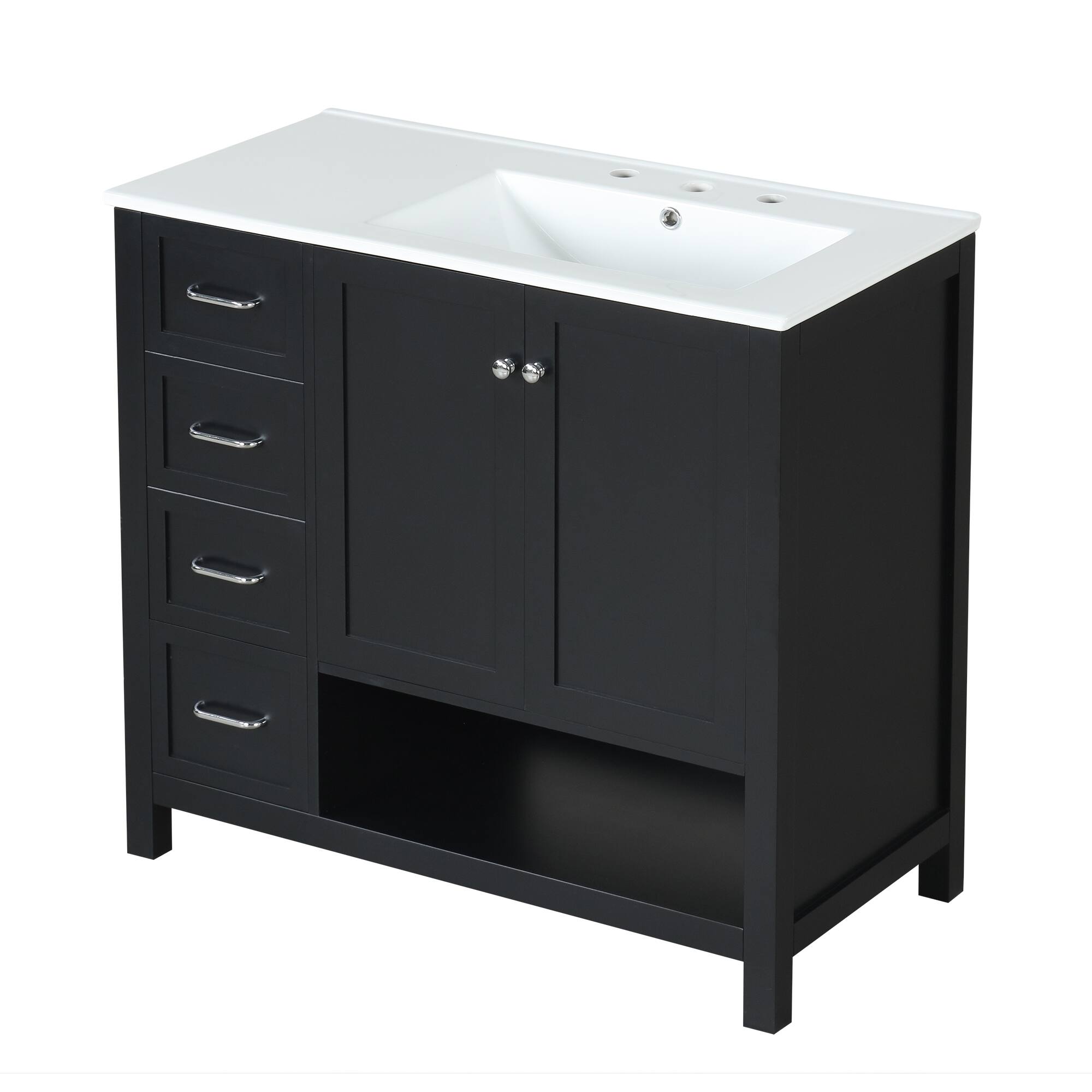 Left. Whisen - 36 Inch Bathroom Vanity with Right Side Ceramic Sink Combo and Single Open Shelf Storage Cabinet - Black.