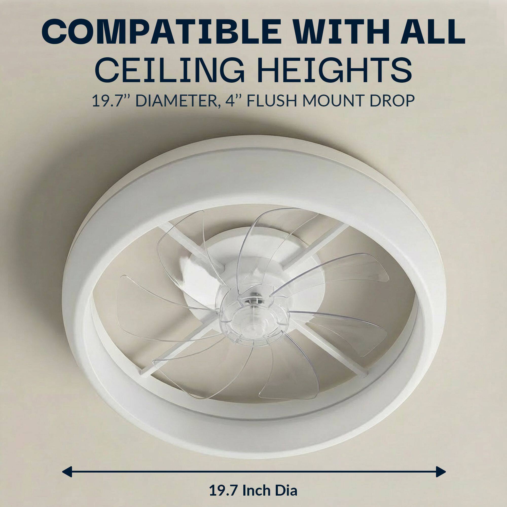 COMPATIBLE WITH ALL CEILING HEIGHTS  
19.7" DIAMETER, 4" FLUSH MOUNT DROP