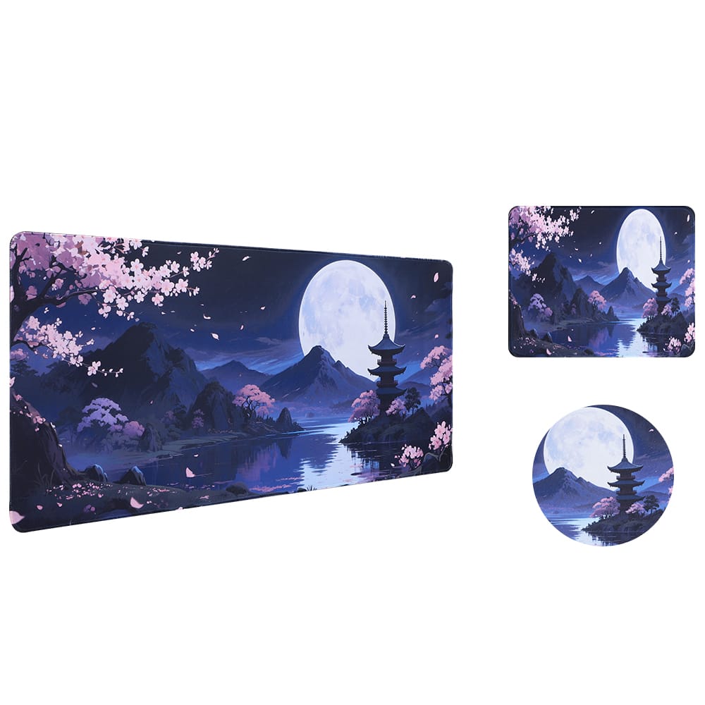 Oumilen - Japanese Moonlit Pagoda Gaming Mouse Pad,35.4"×15.8" Oversized Extended Desk Mat with Non-Slip Base - Black