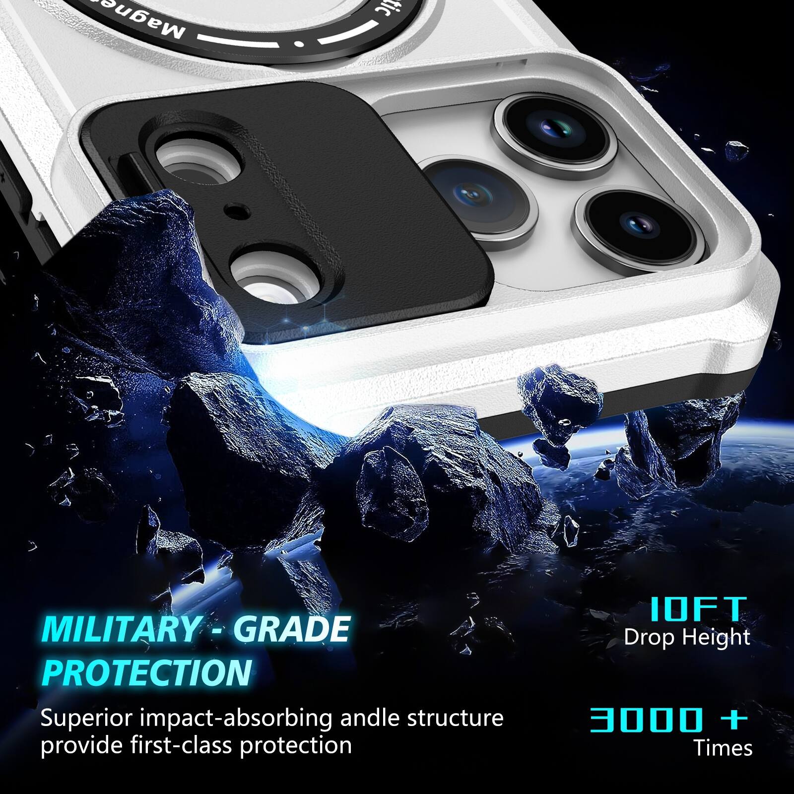 Magnetic MILITARY-GRADE PROTECTION  
Superior impact-absorbing andle structure provide first-class protection  
10FT Drop Height  
3000 + Times