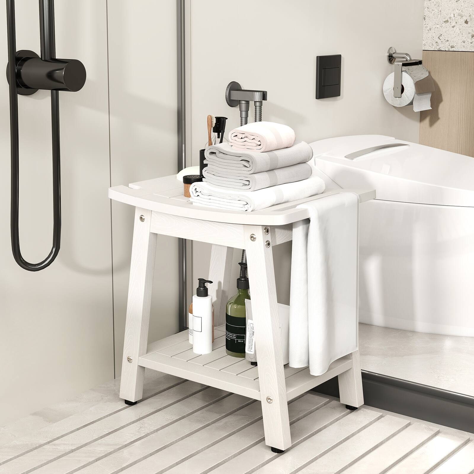 Angle. SlickBlue - Bathroom Shower Bench with Handle and Convenient Shower Head Slot - White.