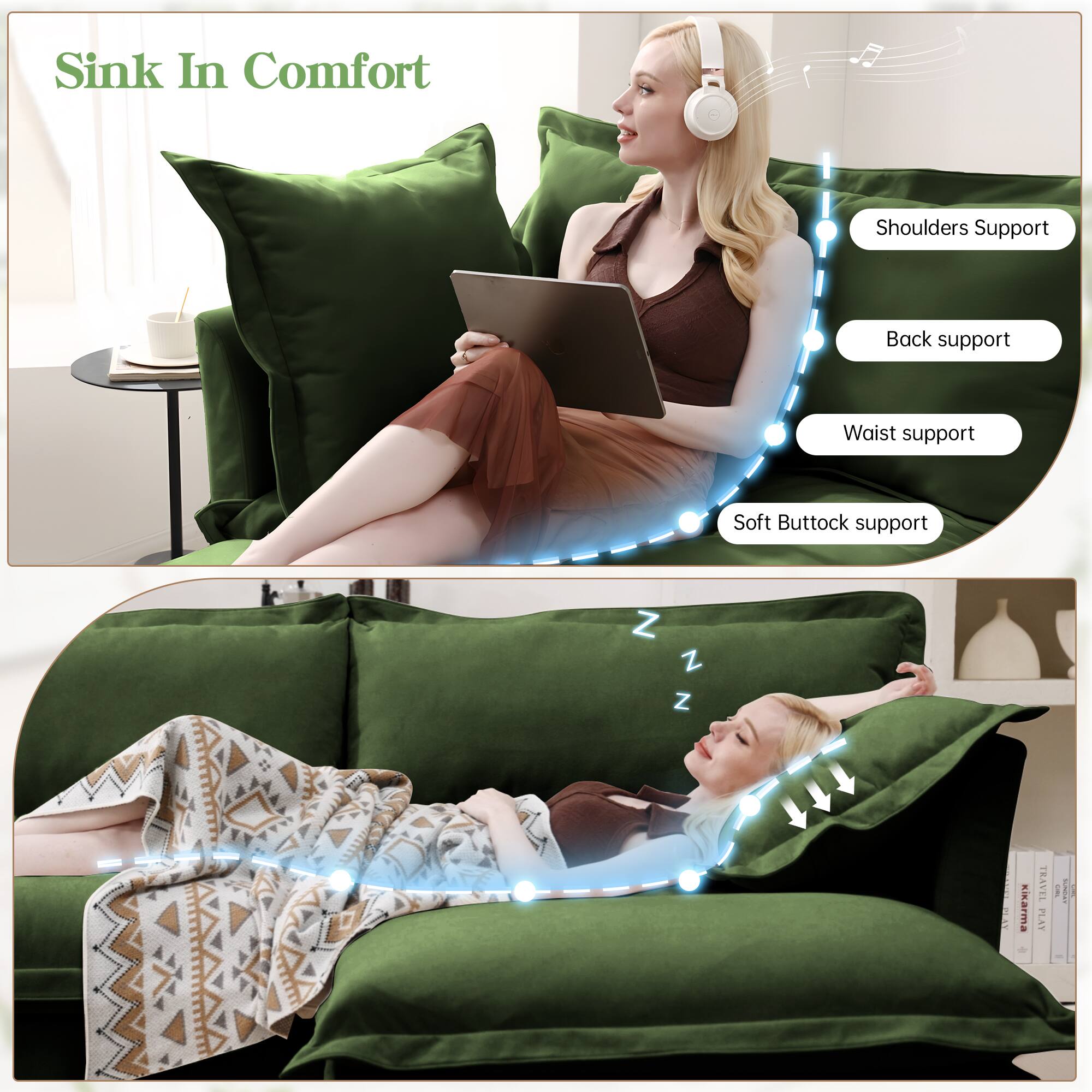 Sink In Comfort

Shoulders Support  
Back support  
Waist support  
Soft Buttock support  

TRAVEL PLAY