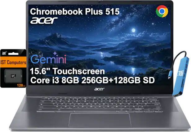 Chromebook Plus 515 acer
IST Computers Gemini 15.6" Touchscreen Core i3 8GB 256GB+128GB SD
128GB