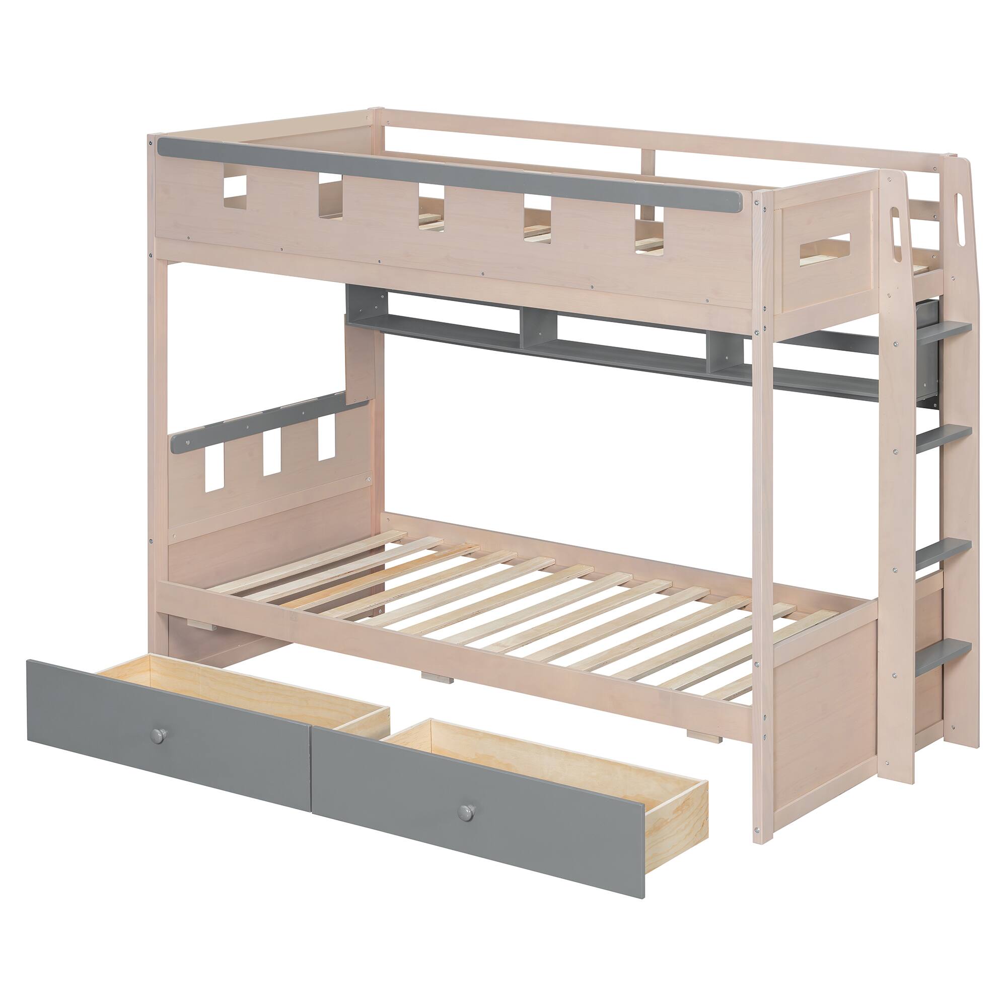 Alt View 1. Anysun - Twin Size Castle Style Bunk Bed with 2 Drawers,Shelf,and LED - Grey.