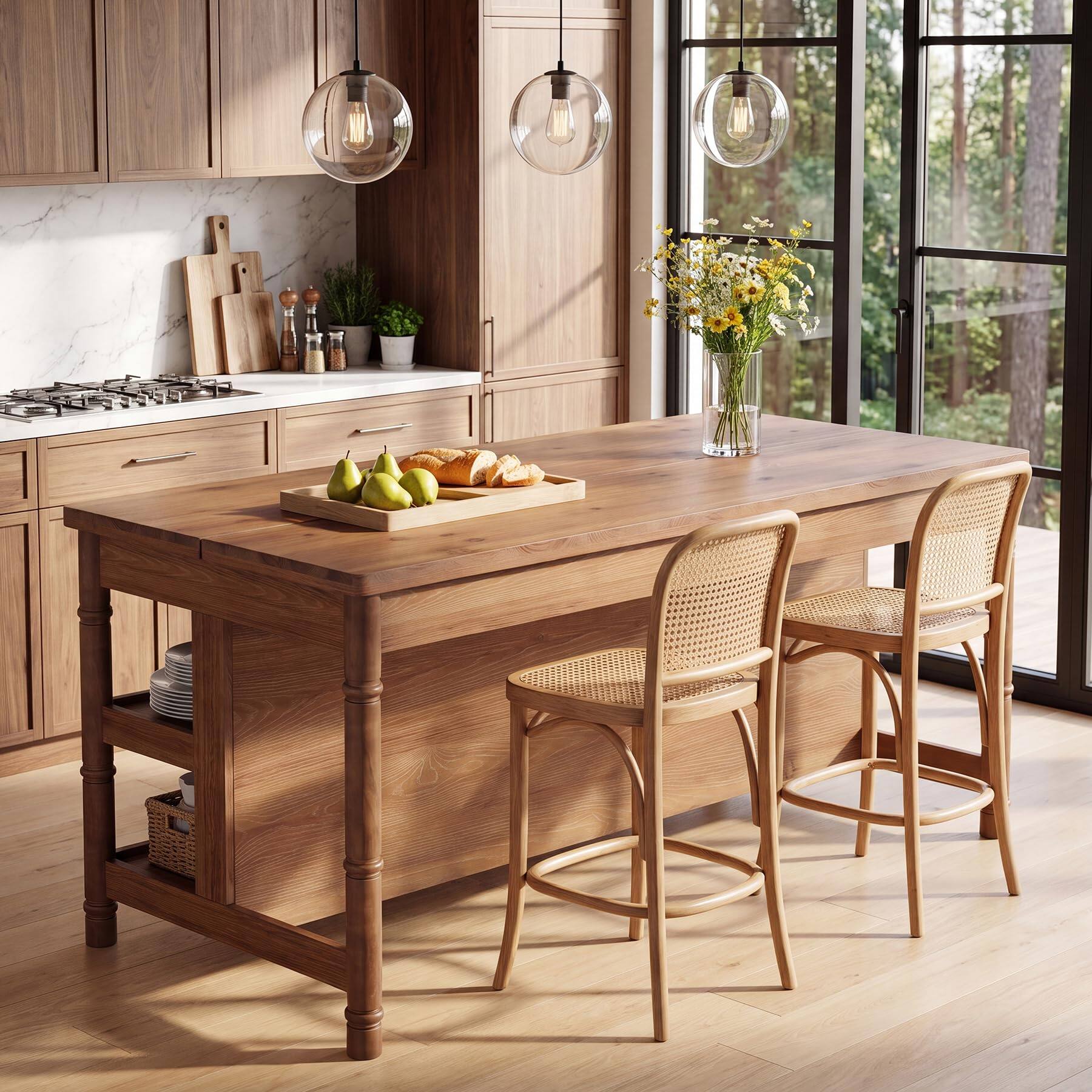 Alt View 4. Tribesigns - 63" Solid Wood Kitchen Island Table with Storage & Seating - Rustic Brown.
