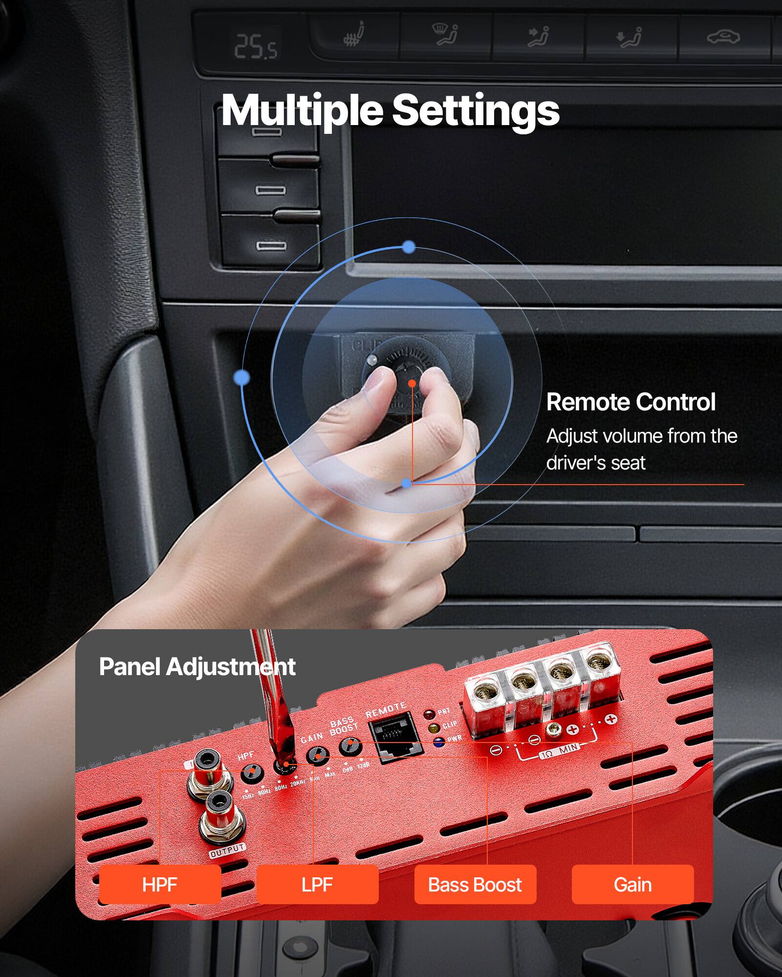 25.5 Multiple Settings  
Remote Control  
Adjust volume from the driver's seat  

Panel Adjustment  
REMOTE BASS GAIN BOOST HPF  
12 Mize 1.15 7808 2018 1500 800  
PET CLIP  
m MIN  
HPF  
OUTPUT  
LPF  
Bass Boost  
Gain