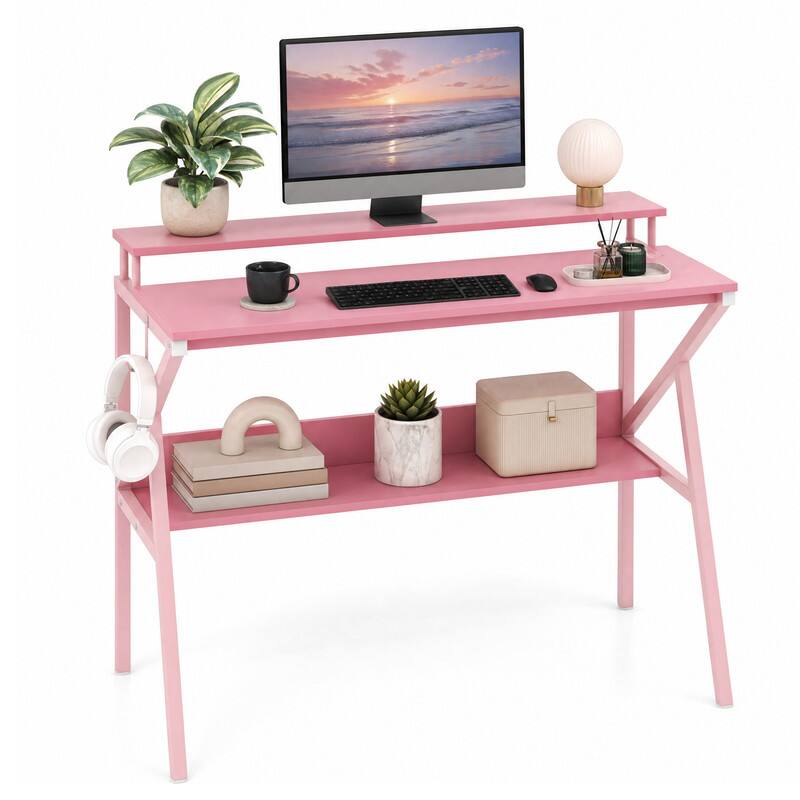 Alt View 4. WELLFOR - 39.5 " Modern Computer Desk with Monitor Stand & Storage Shelf, Small Gaming Desk for Home Office - Pink.