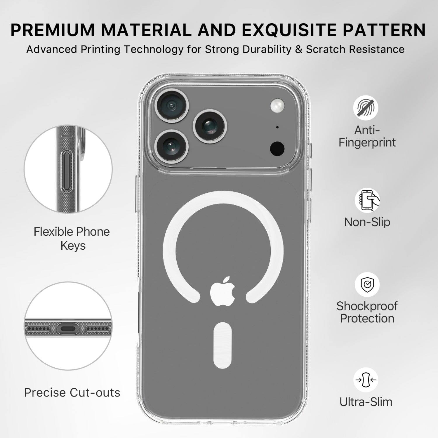 PREMIUM MATERIAL AND EXQUISITE PATTERN  
Advanced Printing Technology for Strong Durability & Scratch Resistance  

Anti-Fingerprint  
Flexible Phone Keys  
Non-Slip  
Shockproof Protection  
Precise Cut-outs  
Ultra-Slim