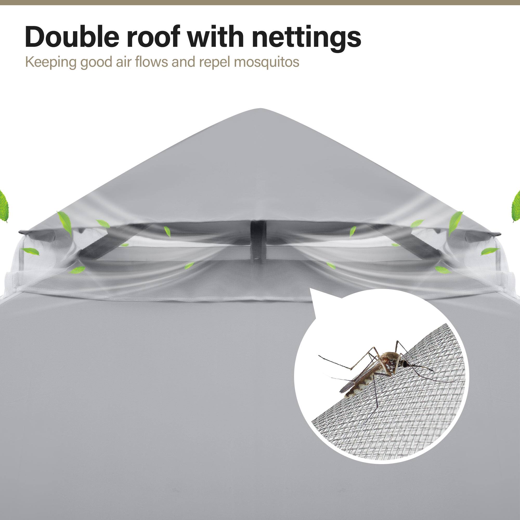 Double roof with nettings  
Keeping good air flows and repel mosquitos
