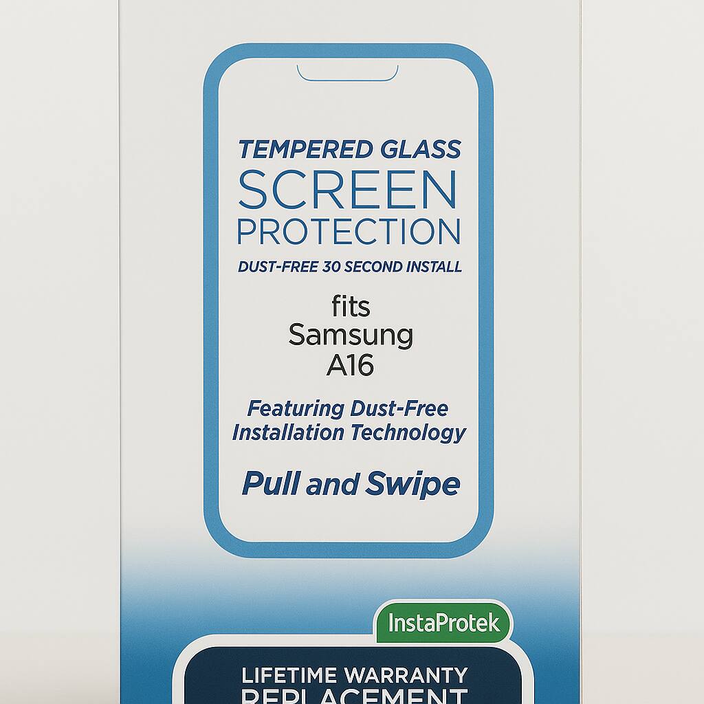 TEMPERED GLASS SCREEN PROTECTION  
DUST-FREE 30 SECOND INSTALL  
fits Samsung A16  
Featuring Dust-Free Installation Technology  
Pull and Swipe  

InstaProtek  
LIFETIME WARRANTY REPLACEMENT