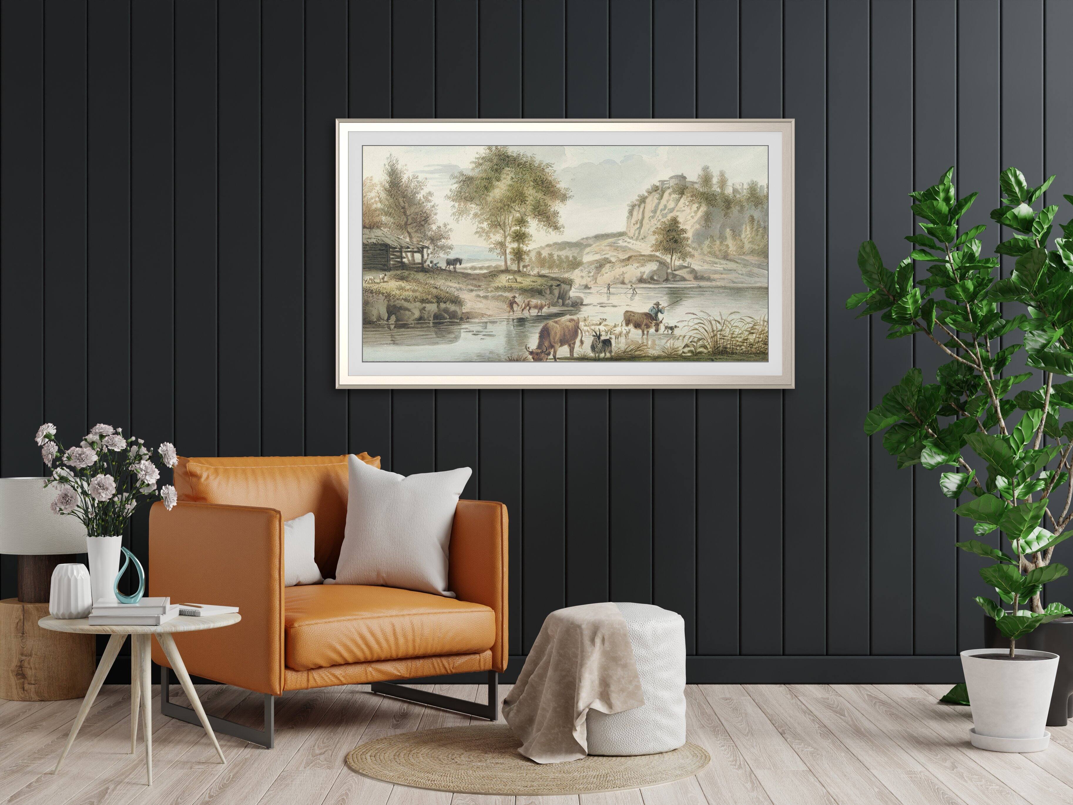 Angle. Deco TV Frames - Alloy Scoop Bezel for Samsung The Frame TV - 55" - German Silver.