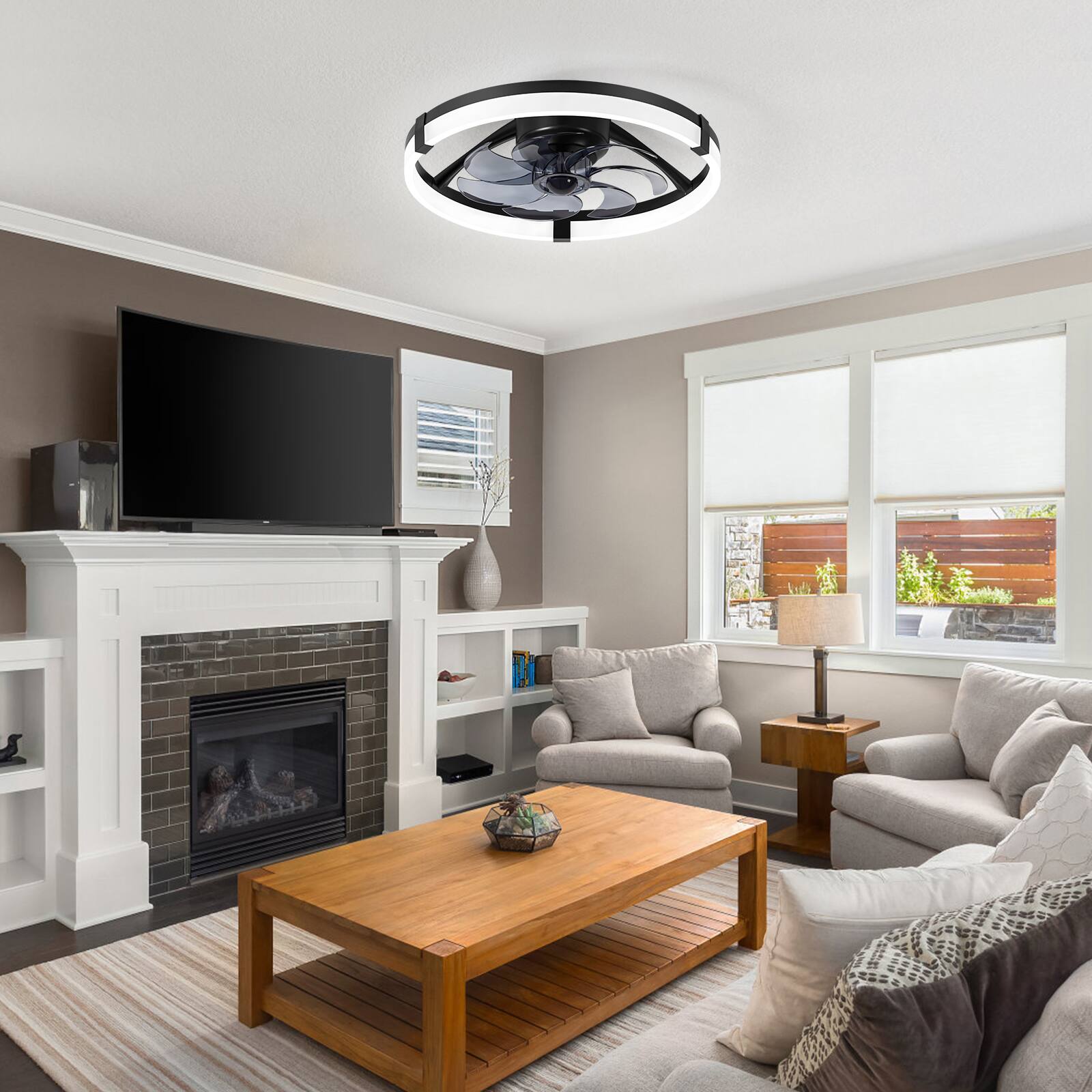 Alt View 6. Breezary - 20-Inch Caged KD Ceiling Fan with LED Light, Remote Control, 6-Speed Quiet DC Motor, Flush Mount Low Profile Design - Matte Black.