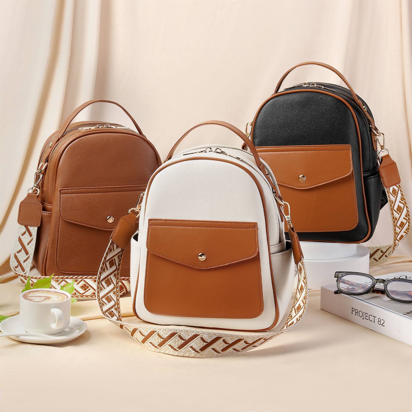 Alt View 6. Unique Bargains - Small Backpack Purse for Women PU Leather Mini Backpack Travel Convertible Shoulder Bag with 3 Replaceable Straps - Black.
